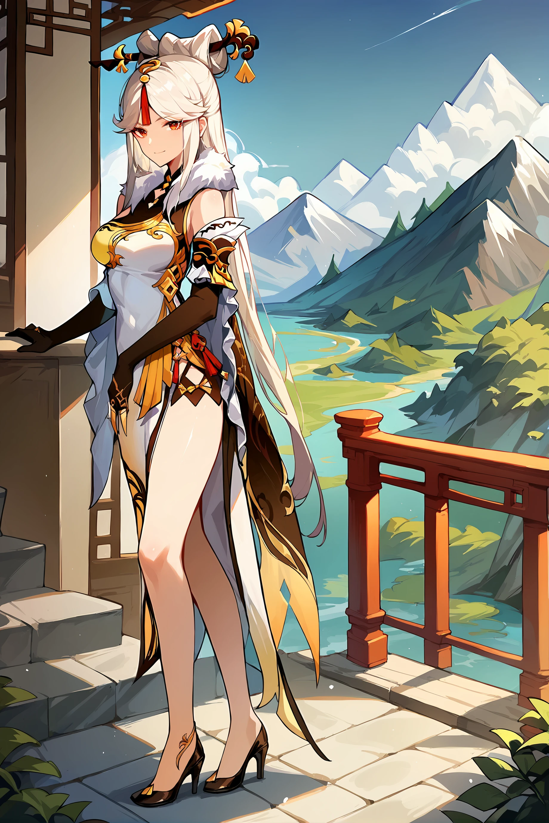 score_9, score_8_up, score_7_up, source_anime, 1girl, ningguang \(genshin impact\), solo, china dress, elbow gloves, hair stick, claw ring, red tassel hair ornament, high heels, fur collar, detached sleeves, full body, standing, looking at viewer, light smile, mountain, east asian architecture, outdoors, depth of field <lora:Char-Genshin-Ningguang-V1-Pony:0.9> <lora:Expressive_H:0.9>