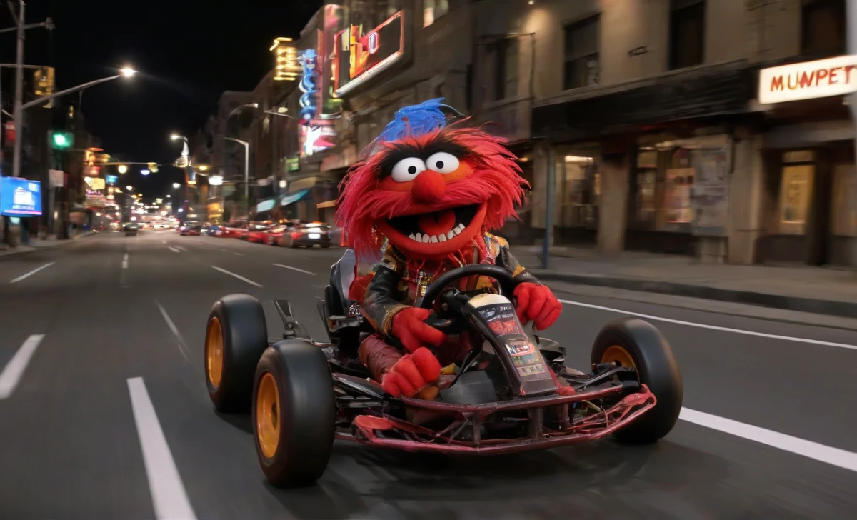 <lora:Animal_Muppet:0.7>  side view,
wide shot, front view,
male, close up, red muppet animal, teeth,
<lora:EnvyZoomSliderXL01:-0.5>zoom out,
driving:2 race kart, behind steering wheel, leather jacket pants,
night time city street, 

neo signs reads"MUPPET"

motion blur, speed lines,