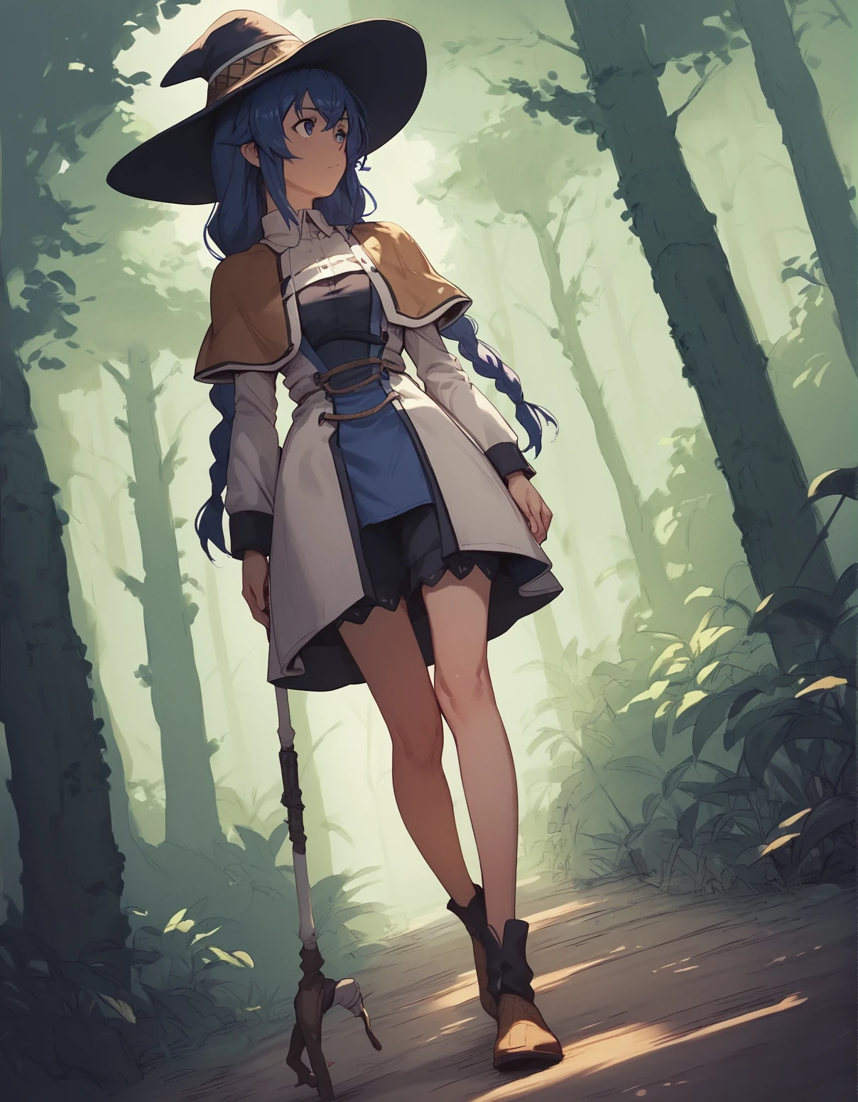 score_9, score_8_up, score_7_up,score_6_up,score_5_up,score_4_up, 1girl walking in a forest, holding staff, looking away, dutch angle, facing viewer, witch hat, 
 <lora:butterchalk_style_pony6_v3:1>   <lora:roxy_migurdia:0.6> yxorpnxl, roxy migurdia