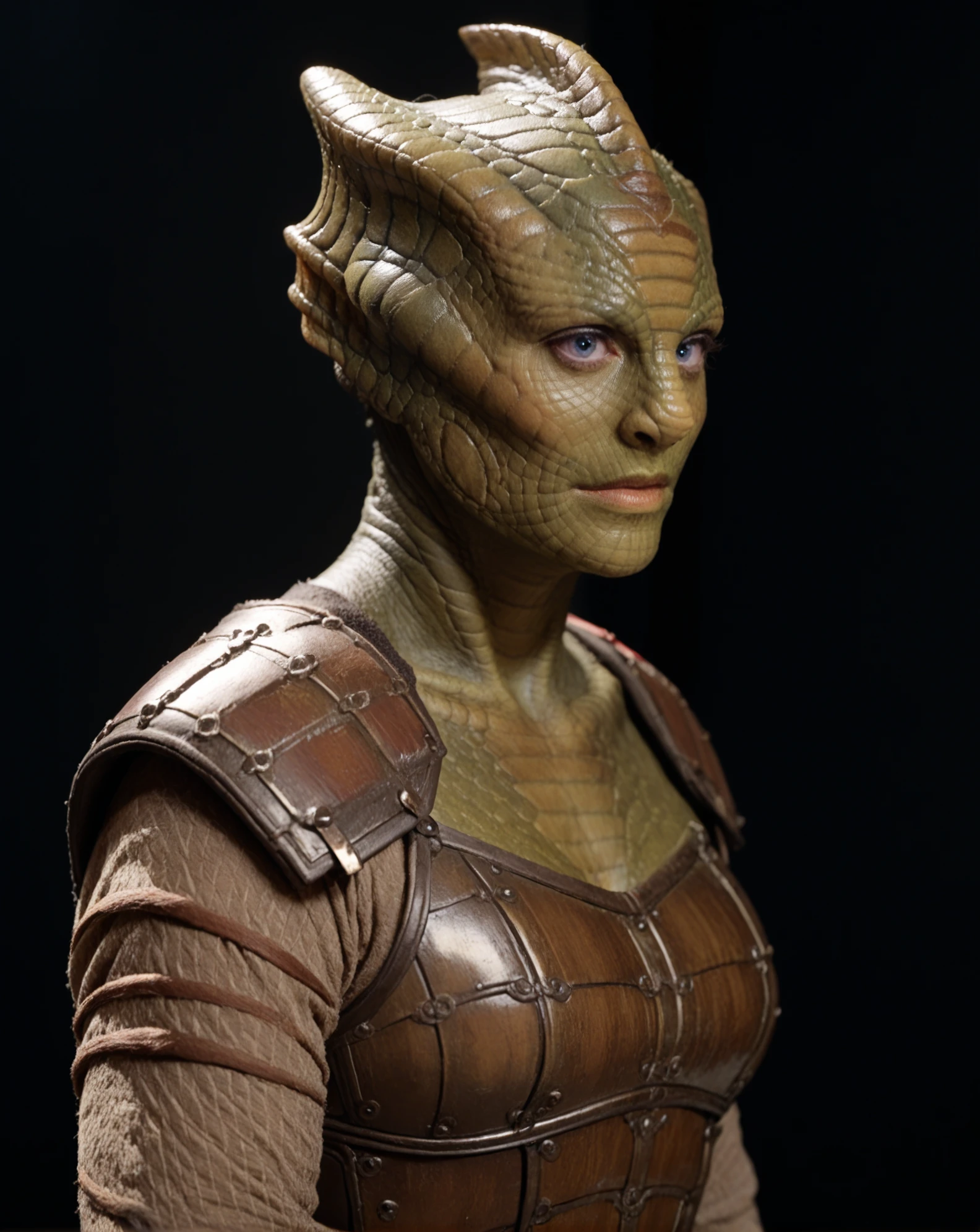 <lora:VastraJenny:0.8> Vastra, woman, reptilian, blue eyes, indoors, upper body image, solo, green skin, standing, armor, score_9, score_8_up, score_7_up, score_6_up, score_5_up, score_4_up