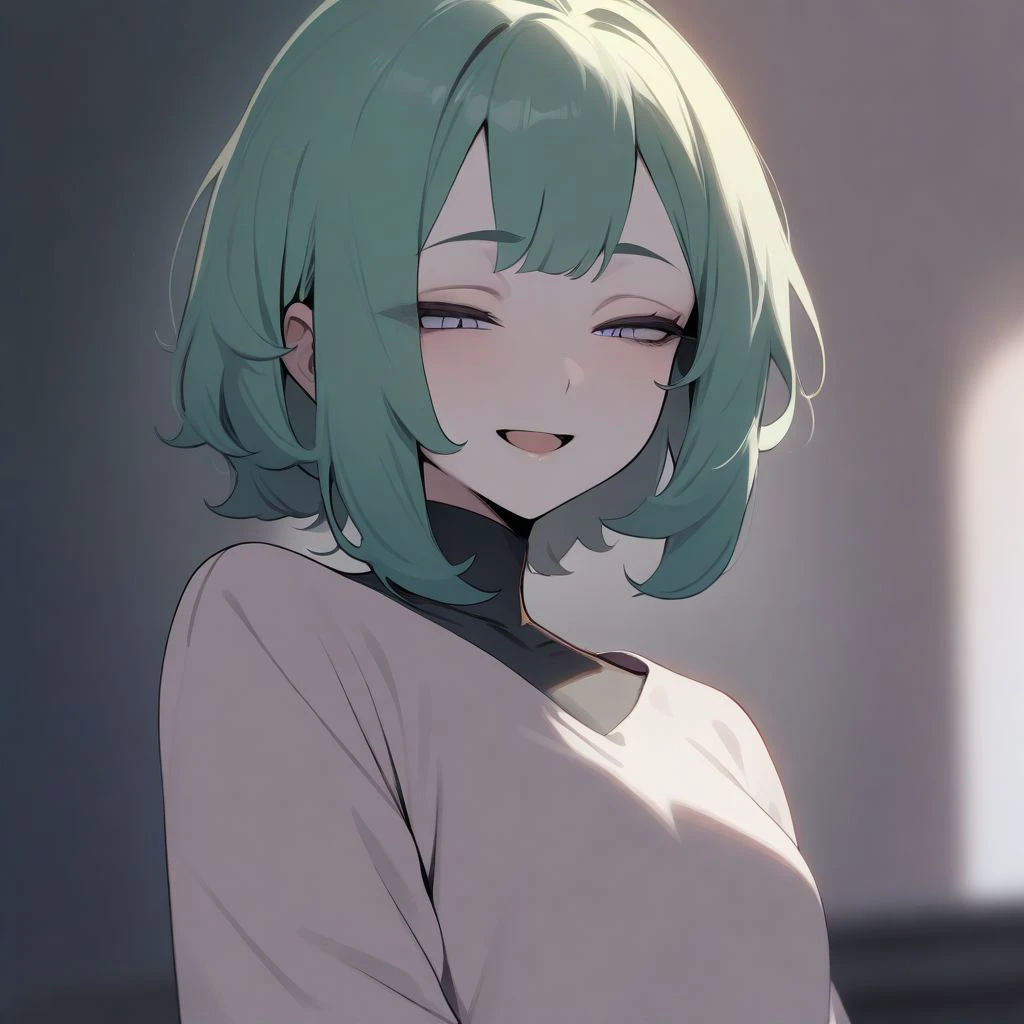 pastel, masterpiece, best quality, aesthetic, high quality, 1girl, solo, short hair, green hair, sidelocks, half-closed eyes, smile, open mouth