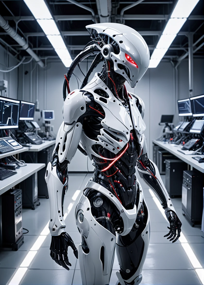 <lora:Electric Alien - Trigger is ElectAlien Artstyle:.8> ,Film scene showcasing electalien artstyle  person , in a high-tech lab, stopping a rogue AI takeover, under stark white LED lights, taken from a 360-degree angle, portraying a race against time.