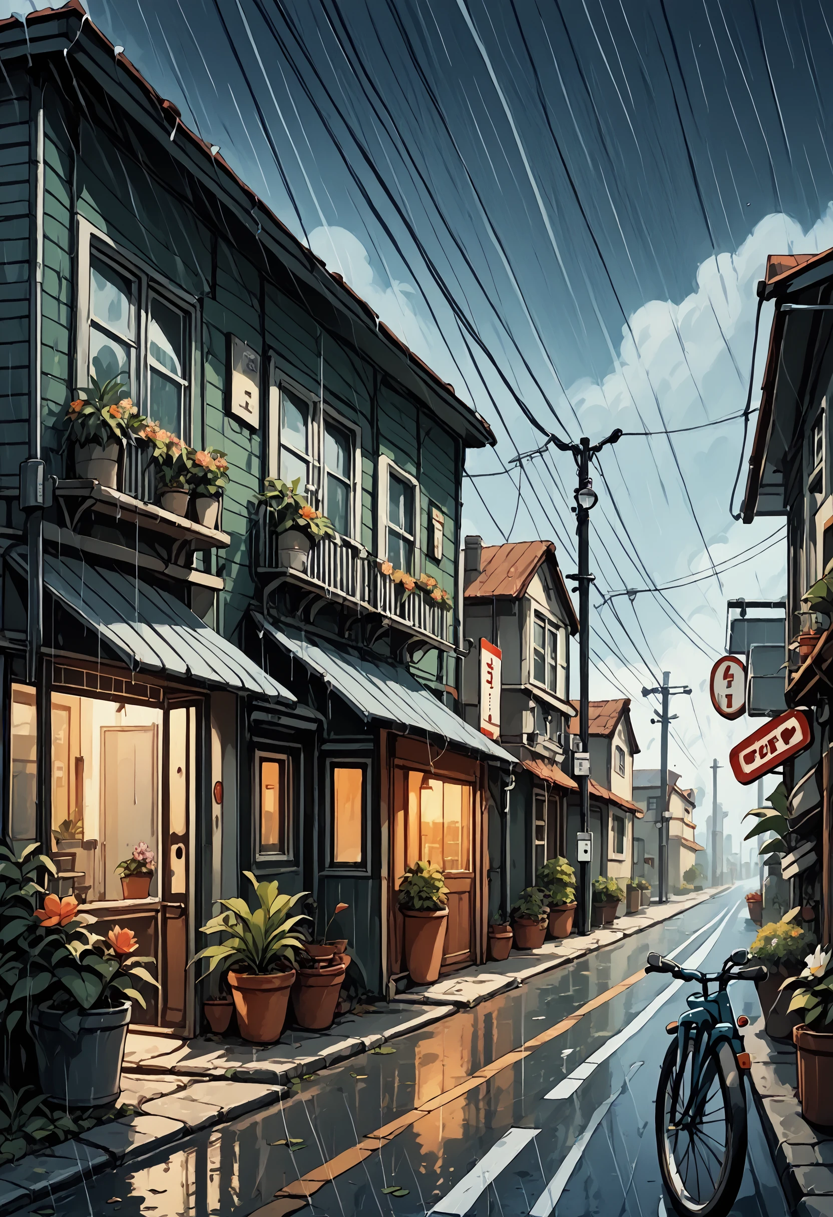 bicycle, no humans, outdoors, power lines, rain, utility pole, ground vehicle, plant, scenery, road, street, house, building, potted plant, sign, window, flower, air conditioner, flower pot, sky BREAK PonyXLV6_Scores , <lora:LoFiRemix-PDXL:0.8>