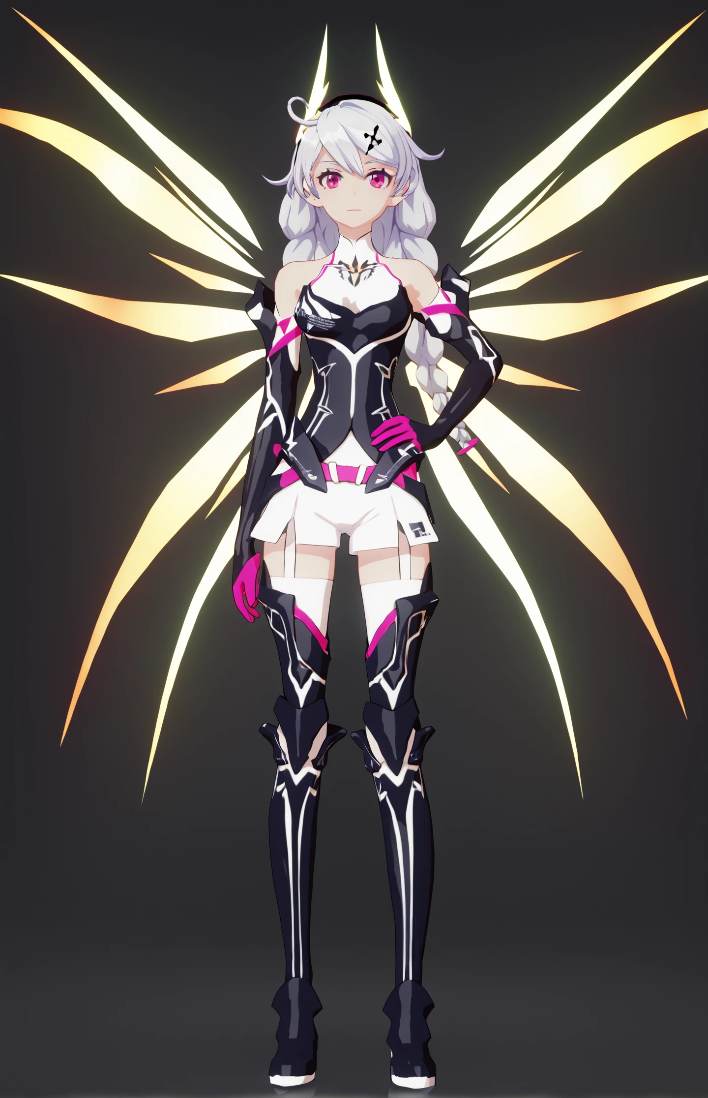 score_9, score_8_up, score_7_up, score_6_up, 8k, best quality, masterpiece, (ultra-detailed:1.1), (high detailed skin), 
(full body), (black background:1.1), standing, looking at viewer, (solo), hand on hip, 
<lora:kiana-young-pony-Tanger-000010:0.8>, kiana kaslana, dark yueguang, 4th clothes, 1girl, gloves, long hair, boots, thighhighs, energy wings, black footwear, hair ornament, braid, bangs, thigh boots
(beautiful_face), ((intricate_detail)), clear face, 
((finely_detailed)), fine_fabric_emphasis, 
((glossy)), full_shot,