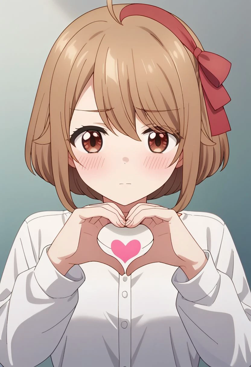 score_9, score_8_up, score_7_up,tsumugi tsutsumi, brown hair, short hair, brown eyes, 1girl, solo,heart hands, heart, solo, looking at viewer, long sleeves, ahoge, ribbon, red ribbon, hair ribbon, shirt, blush, closed mouth, white shirt, upper body, hair between eyes