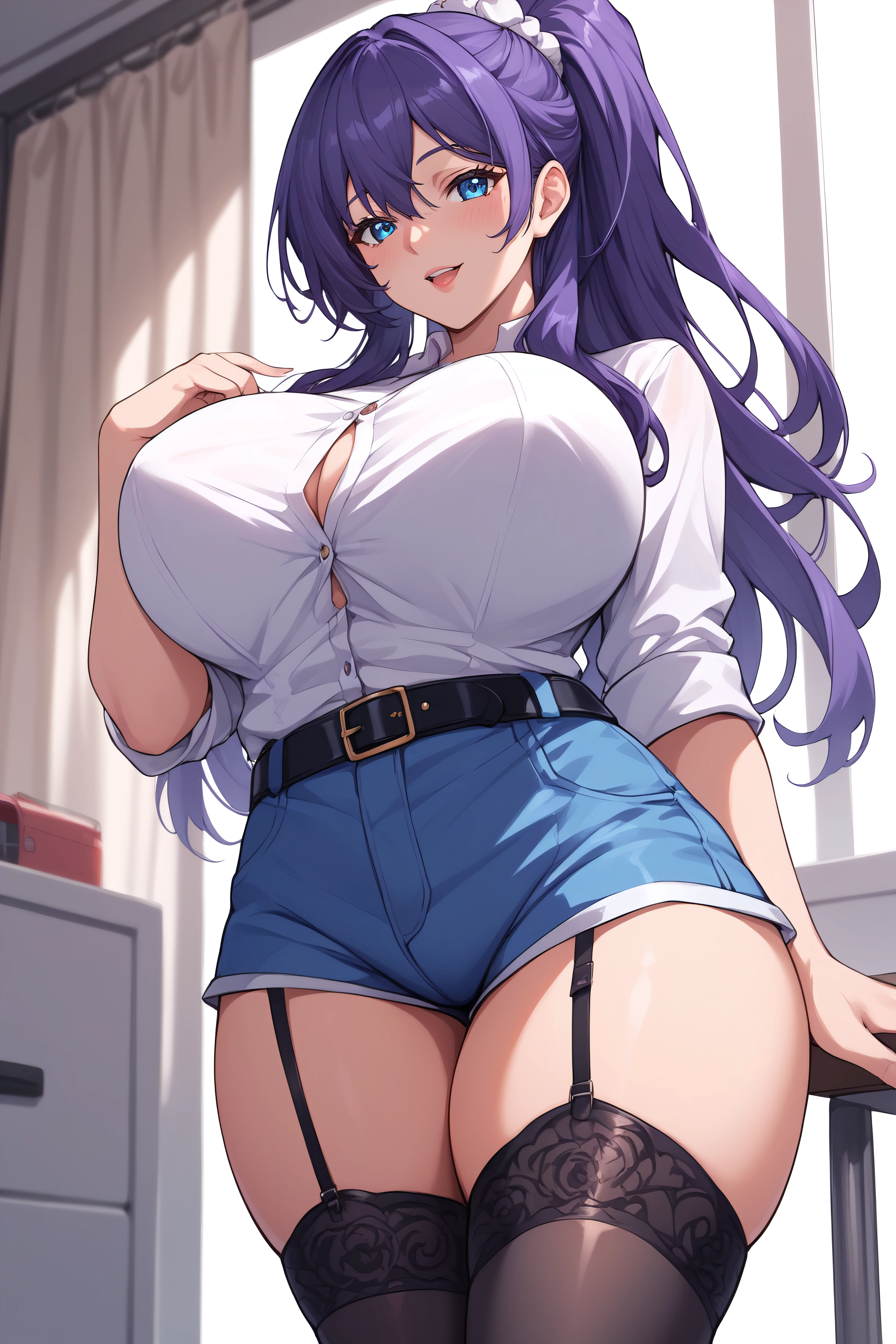 score_9, score_8_up, score_7_up, BREAK source_anime, <lora:rei suzukawa-PonyXL-lora-Faxtron:0.8> rei suzukawa, blue eyes, purple hair, long hair, white scrunchie, large breasts, white shirt, blue shorts, belt, black thighhighs, garter straps,