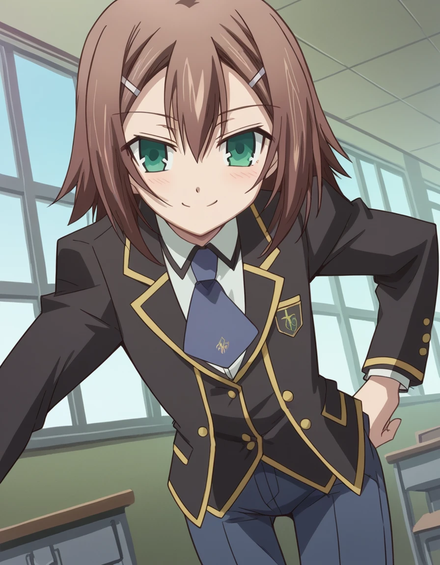 score_9, score_8_up, score_7_up, source_anime,
hideyoshikinoshita, <lora:hideyoshi-kinoshita-s2-ponyxl-lora-nochekaiser:1>,
hideyoshi kinoshita, brown hair, green eyes, hair ornament, hairclip, otoko no ko, trap, hair between eyes,
pants, school uniform, blazer, black blazer, necktie, blue pants, long sleeves, gold trim,
indoors, classroom, bent over, smile,
looking at viewer, cowboy shot, solo, dutch angle