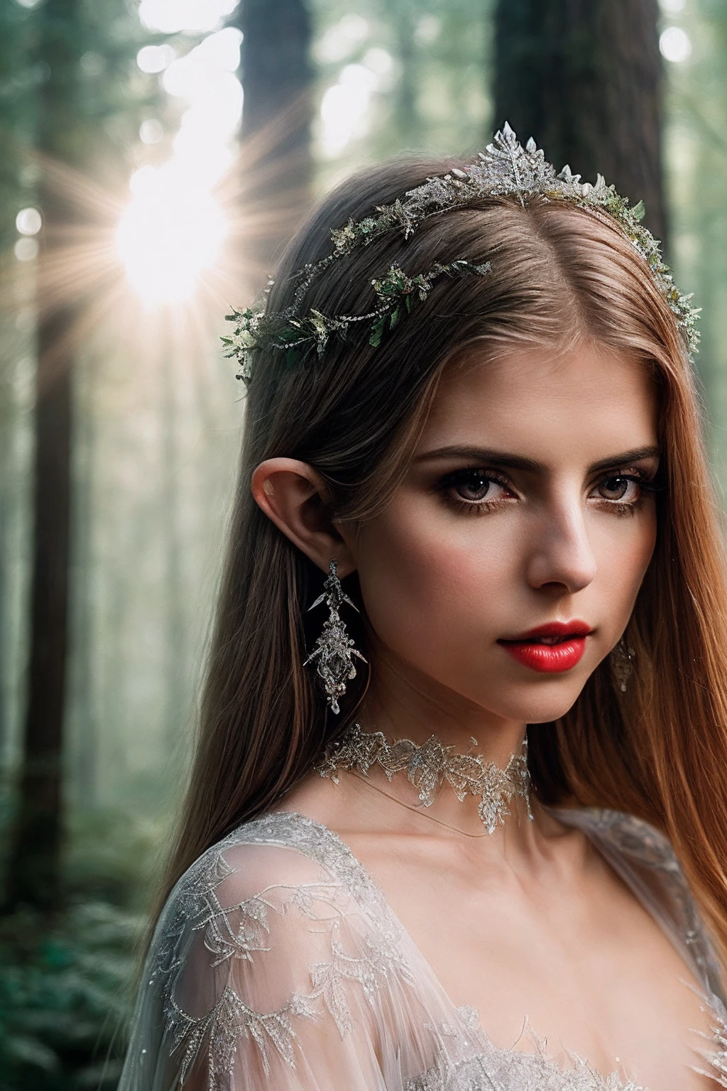 EmelieC_SoloTI_v1,
(fantasy photo, An elven gown of silver and white lace, adorned with delicate filigree jewelry, for an ethereal and enchanting look:1.1), closeup portrait, 85mm, (analog, cinematic, soft focus, mystical atmosphere:1.3), ((An ancient forest clearing, with sunlight filtering through the towering trees:1.2)), radiant eyes, (rosy lips), (captivating), (fantasy cinematic shot:1.3),
<lora:add_detail:0.6>