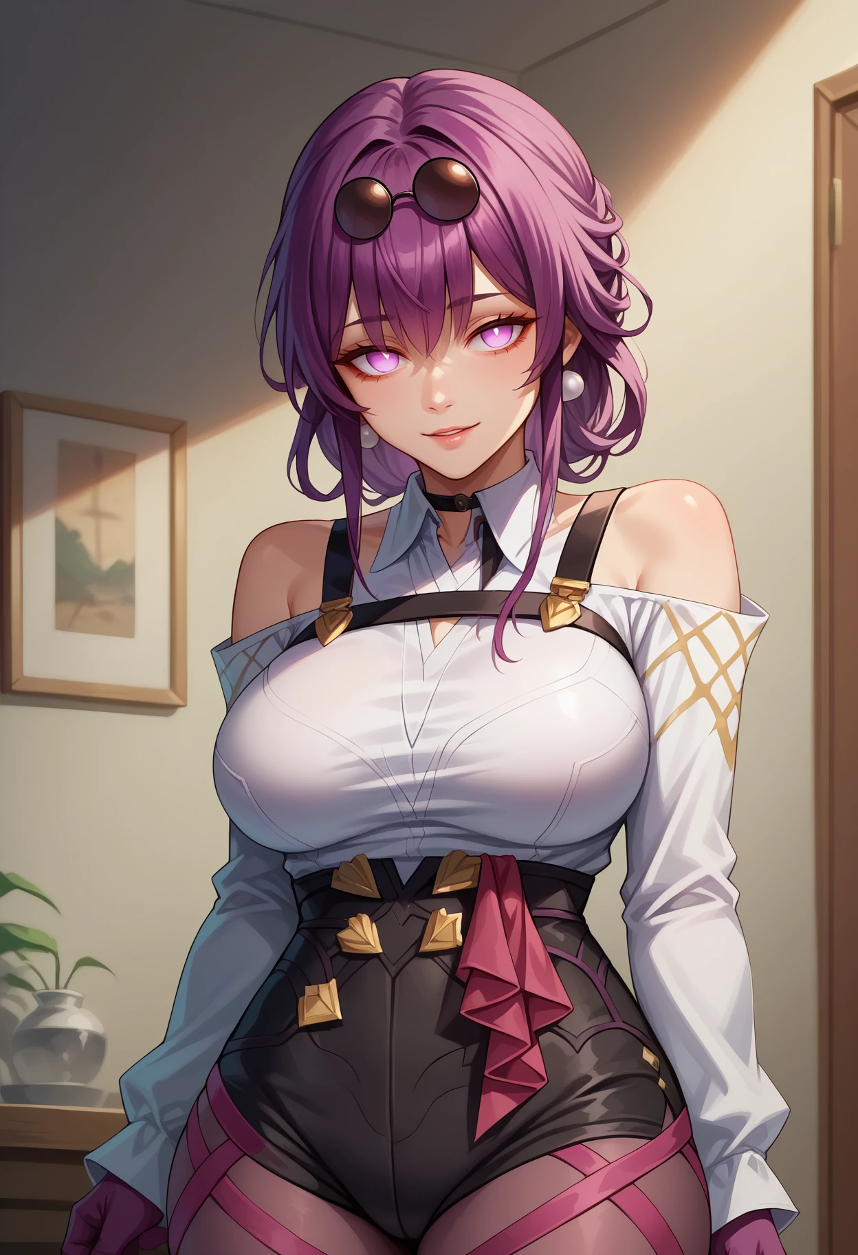 score_9,score_8_up,score_7_up,detailed,1girl,iwouldkafka,indoors,standing,purple hair,long hair,empty eyes,no pupils,large breasts,sunglasses,eyewear on head,pearl earrings,collared shirt,white shirt,black choker,shoulder cutout,chest harness,purple gloves,high-waist shorts,black shorts,criss-cross straps,purple pantyhose,looking at looking at viewer,seductive smile,<lora:Kafka-JeloXL-000009:1>,