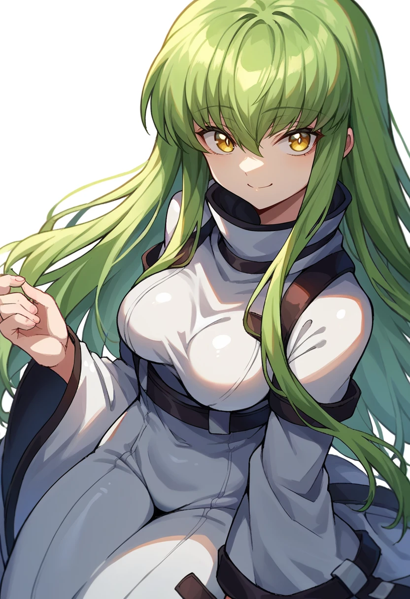 score_9, score_8_up, score_7_up, source_anime BREAK 1girl, solo, looking at viewer, 
<lora:CC-000008:1>, cc_def, yellow eyes, green hair, hair between eyes, long hair, straight hair, white bodysuit, long sleeves, wide sleeves, 
medium breasts, smile, 
simple background, white background,