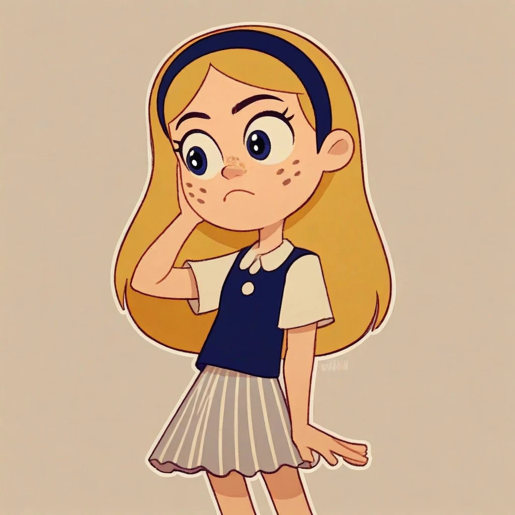 score_8, Score_9, solo, faye, blond hair, long hair, hairband, freckles, skirt