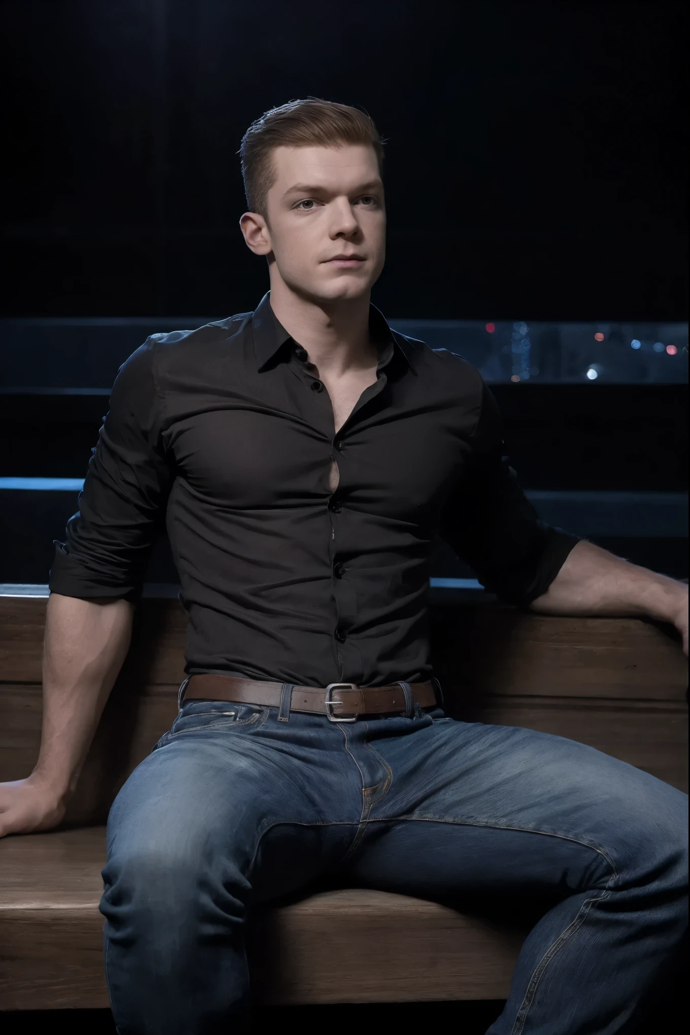 Cameron Monaghan in a gay nightclub, short red hair, (smug smirk:0.8), (blue eyes:0.8), (wearing a tight fitted black button up shirt:1.3), (shirt tight against his body:1.2), ((sleeves rolled up to elbows:1.3)), (wearing denim jeans:1.2), (wearing a black belt with silver buckle:1.2), sitting at booth in the club, ((legs spread wide:1.3)), ultra detailed, best quality, (full body photo:1.3), dynamic pose, solo, 1boy, looking at viewer, perfect hands, slim but toned body, defined body, ((best quality:1.2)), High Resolution, 8k, full body portrait, (ultra_realistic:1.3), (photorealistic:1.4), sharp focus, 1boy, (perfect face), wide angle, handsome, (((upper body portrait))), wide angle, (((feet out of frame:1.3))), (dark lighting:1.3), (nightclub lighting), (DJ lighting:1.2)