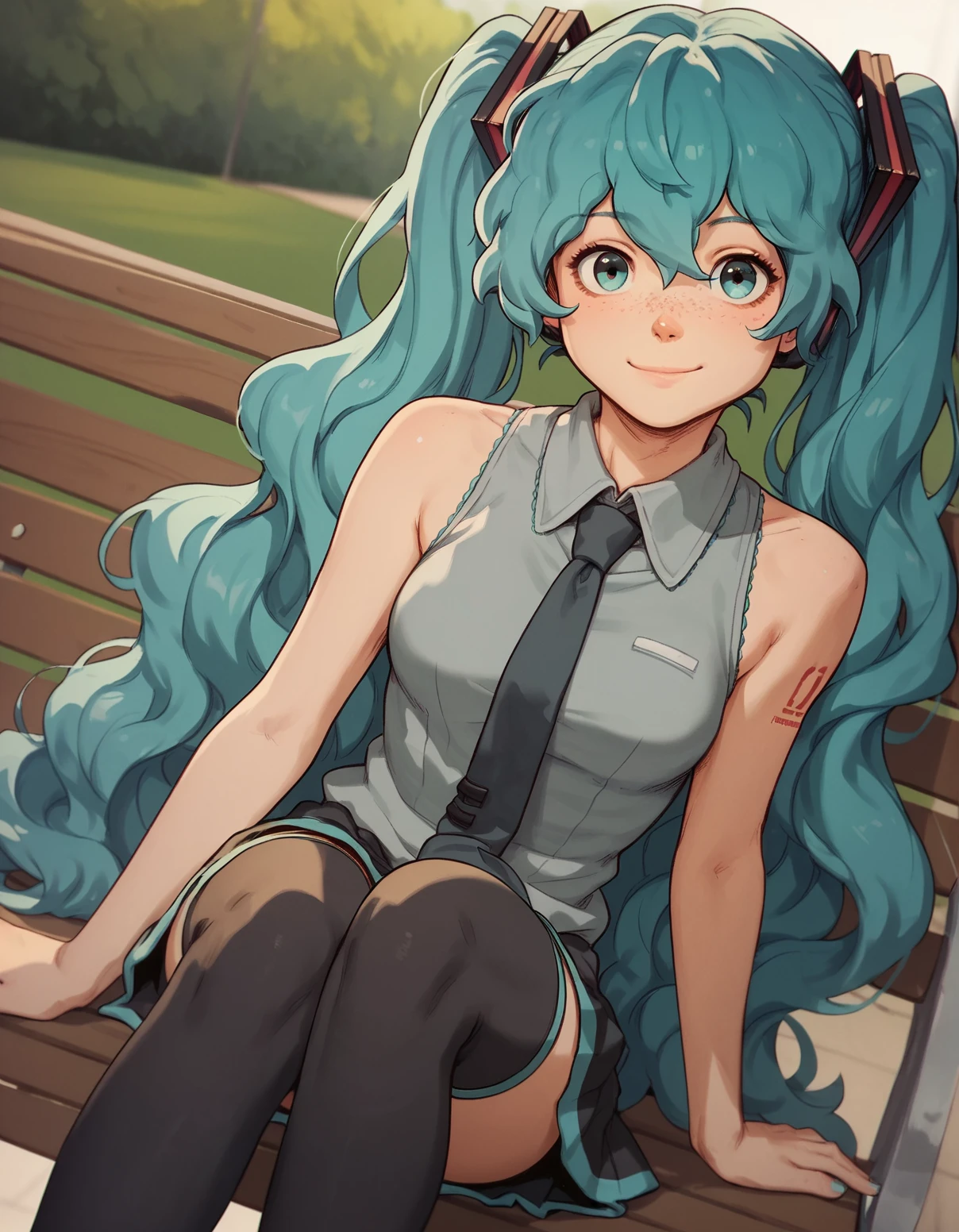 score_9, score_8_up, score_7_up,score_6_up,score_5_up,score_4_up,1girl sitting on a park bench, dutch angle, freckles, wavy hair, smile, (hatsune miku:0.8), dutch angle, black thighhighs, necktie, sleeveless, looking at viewer, head tilt, 
 <lora:butterchalk_style_pony6_v3:.9>