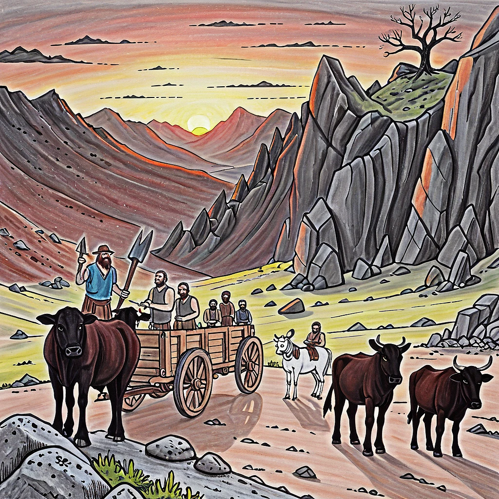 score_9, score_8_up, score_7_up, score_6_up, BREAK, armok, traditional media, seven people standing uncertainly around an ox-drawn wagon in a rocky mountain valley, holding tools, looking expectant, sunset, ready to start, broken trees, boulders, desolate hillside,