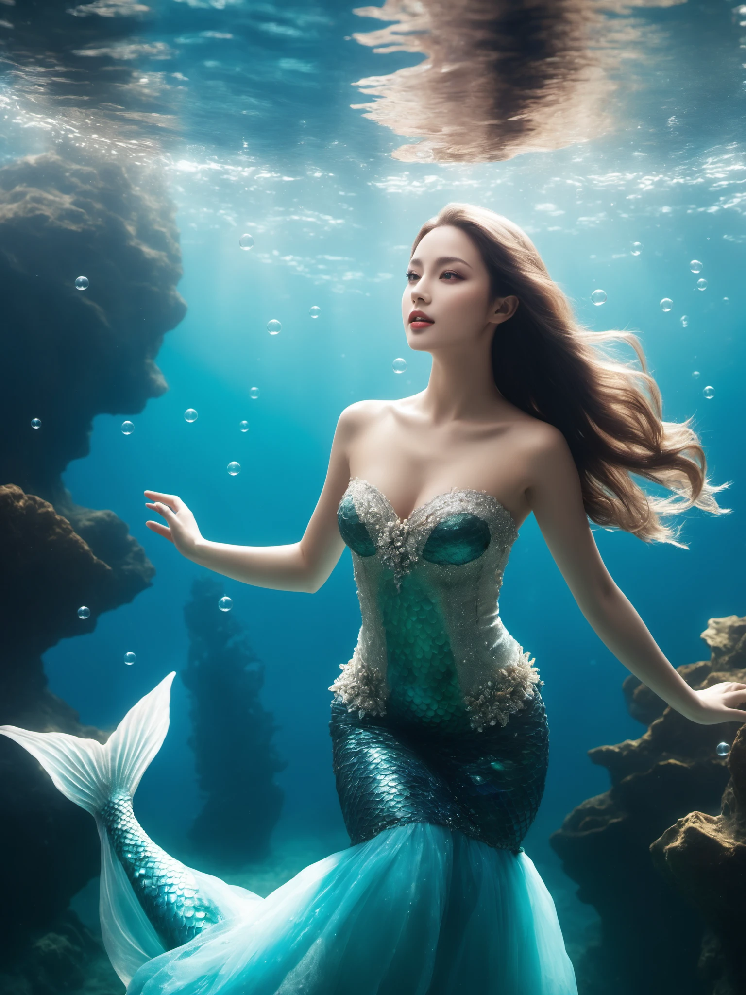 The scene of a beautiful mermaid swimming in the deep sea, long flowing silver hair, perky breasts, gorgeous fishtail skirt, the skirt is inlaid with shining pearls and gems, noble and mysterious, white skin, the light smile, the eyes twinkle, as if telling a moving story, the surrounding bubbles and water waves add to the motion and depth of the picture, the peace and mystery in the deep sea, Beautiful and romantic, full of imagination and artistic appeal, fantasism, fantasy style, masterpieces, pastel colors, deep sea scenes, movie lighting, high contrast, unimaginable beauty,, (best quality:1.3)