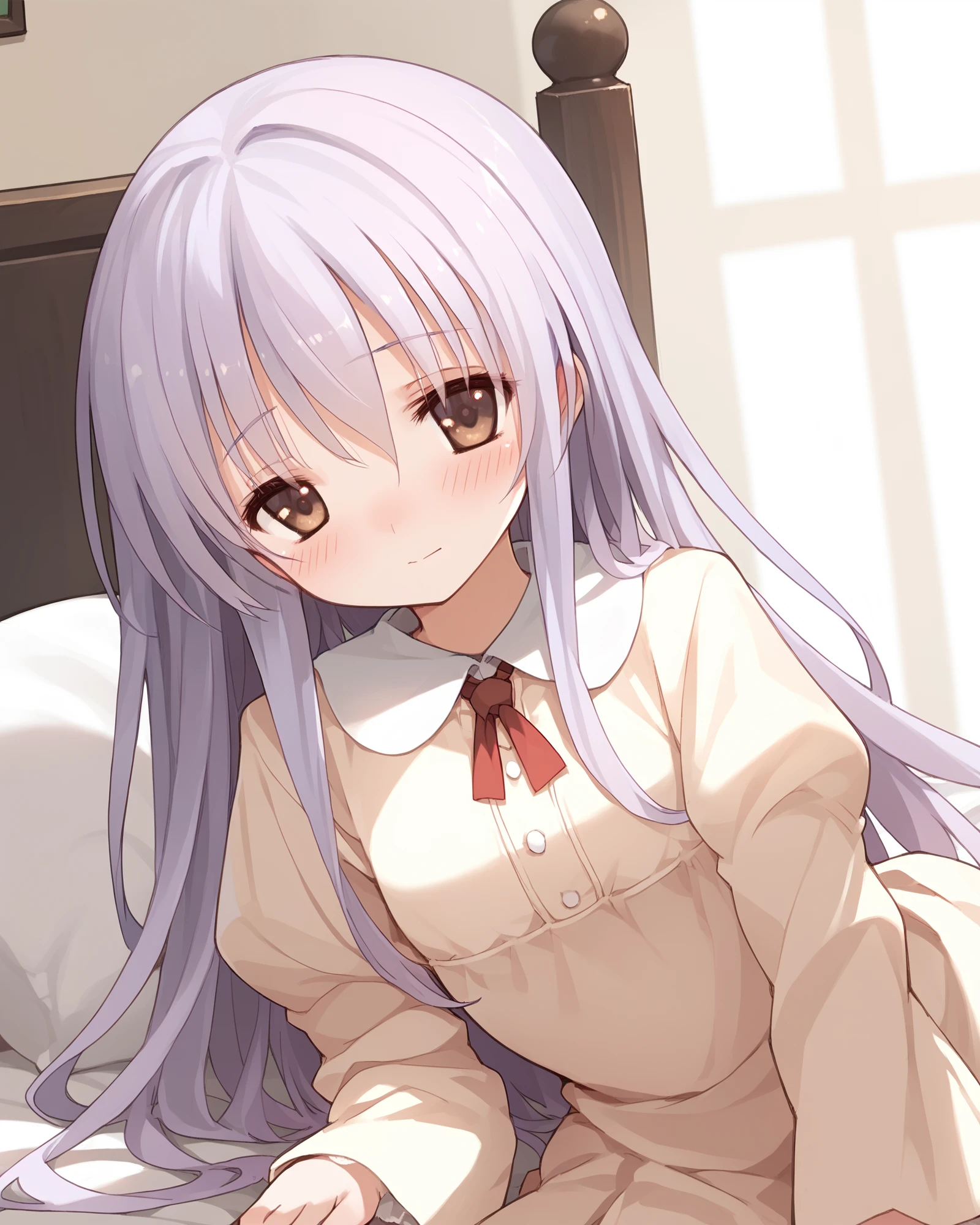 (score_9,score_8_up,score_7_up,score_6_up),masterpiece,ultrahigh_details,best_quality,on bed,mayuki,solo,1girl,lilac_hair,very_long_hair,brown eyes,full-face blush,<lora:MayukiXL:0.9>,long_skirt,bare legs,