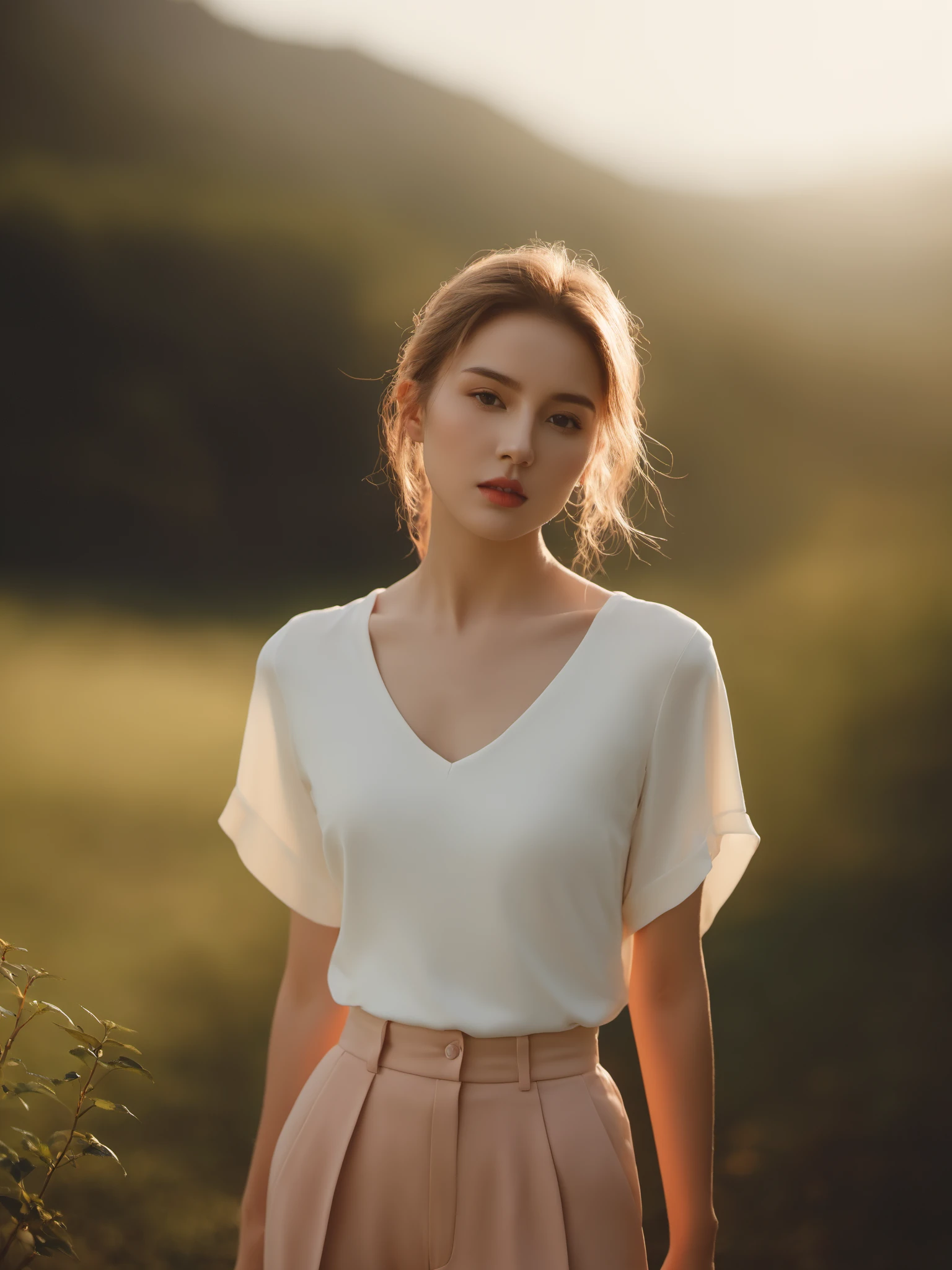 1 young woman oversized pants gradient dream-, eerie, ethereal, landscapes, magic, photography, photography-color, shallow-depth-of-field by TJ Drysdale Charles Robinson, dusk sunshine, (best quality:1.3)