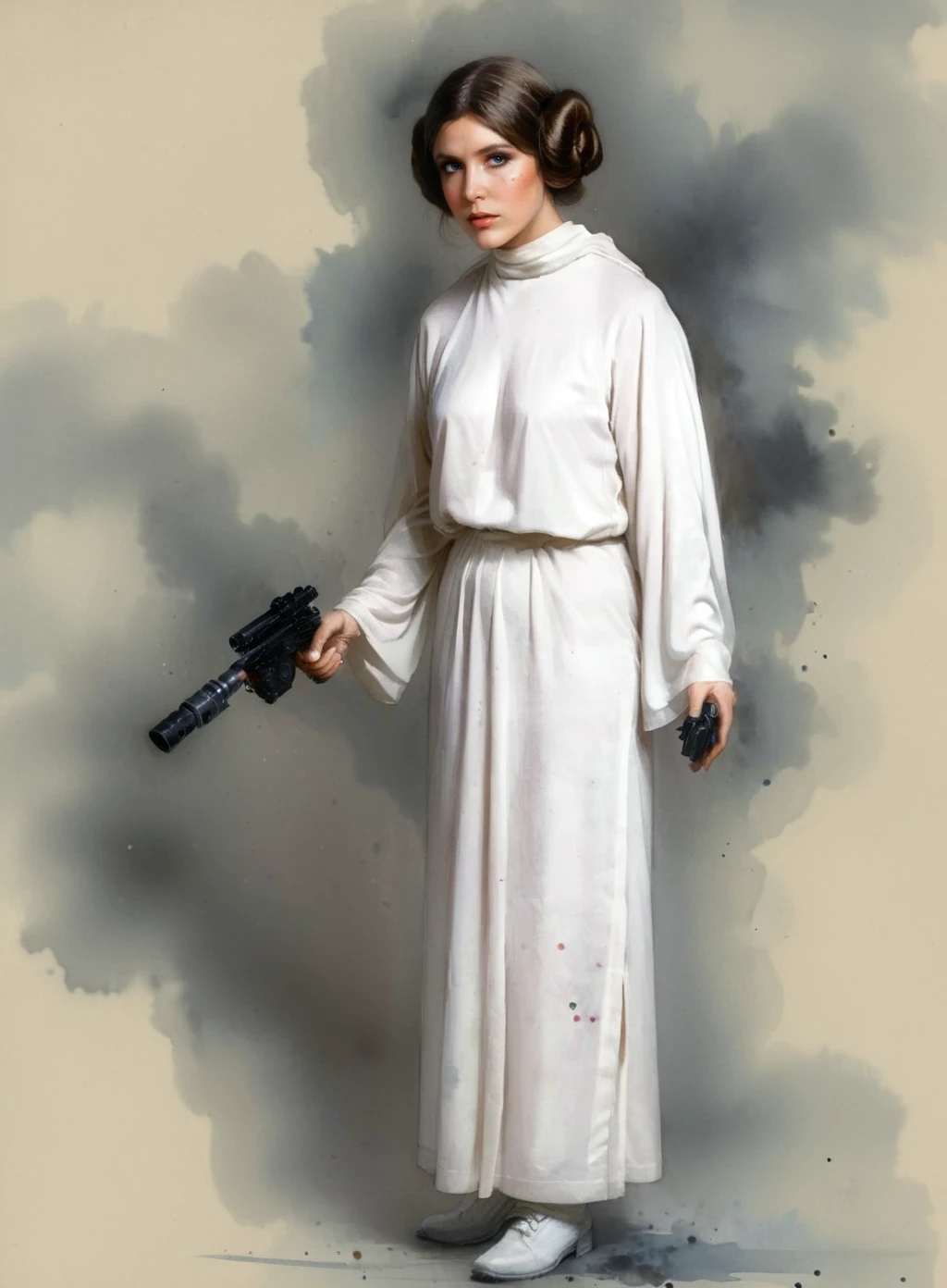 (full body1.5) portrait, old book style ink illustration of <lora:Princess_Leia_Organa:1> Princess Leia Organa wearing white dress with double bun hairstyle, holding a dl44blstr gun in her detailed hand, ((on parchment, ink splashes, ink stains, ink smears, faded ink)), pose inspired by Boris Vallejo, exhibits acrobatic prowess, dynamic action pose, watercolor <lora:watercolor:1> on beige parchment paper, (brushwork echoing Carne Griffiths:1.2), (futuristic:1.5) desert, tatooine, galaxy, lucasfilms, glass, fog, in the clouds, smoke and vapor, fractals, sunrise, moody tones, vivid color paint, mentixis, linquivera, movie poster, star wars vibes, tan parchment, warm color palette, ral-wtrclr <lora:ral-wtrclr:0.6>,  <lora:dl-44_blaster_pistol:0.8>