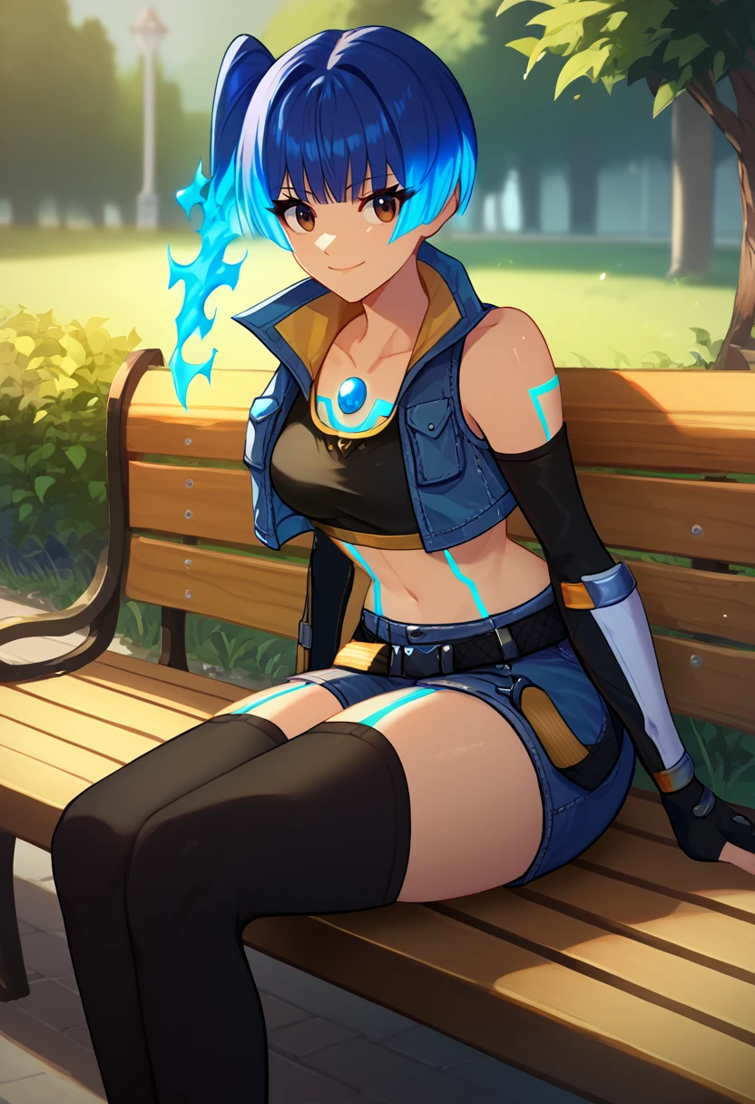 score_9, score_8_up, score_7_up, solo, 1girl, xenoblade3sena, chest jewel, smile, looking at viewer, sitting, park bench, fiery hair, side ponytail, denim jacket, cropped jacket, sleeveless jacket, black sports bra, shoulder strap, black gloves, elbow gloves, fingerless gloves, blue shorts, short shorts, black thighhighs, bare shoulders, outdoors <lora:xenoblade3_sena_ponyXL-000008:1>