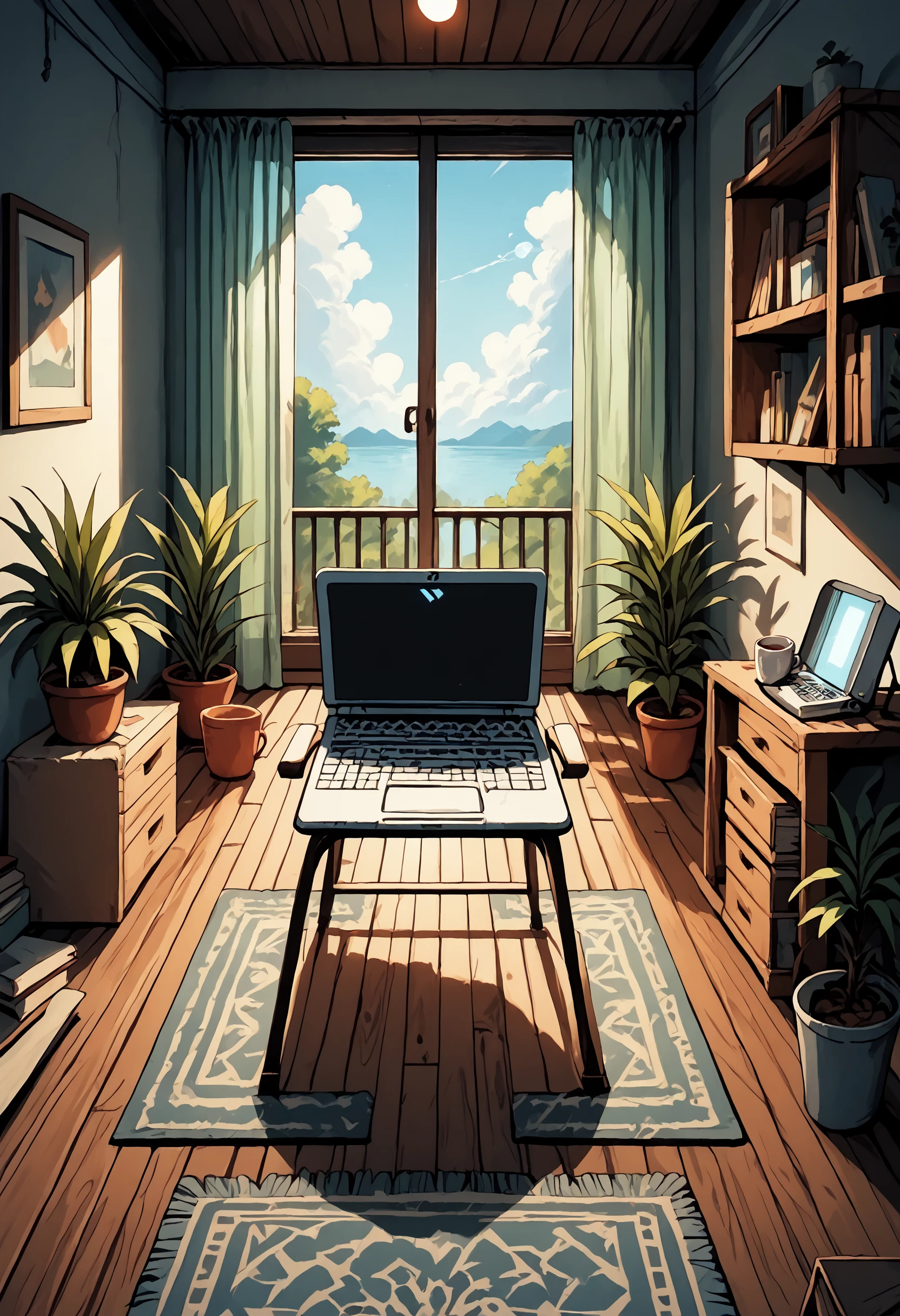 lfixri , lo-fi, soft colors, ((no humans)), plant, scenery, chair, wooden floor, cloud, sky, potted plant, window, box, computer, shelf, indoors, table, cup, day, tree, book, electric fan, rug, carpet, laptop, cardboard box, lamp , gradient overlay, lo-fidelity, chromatic abberation, BREAK PonyXLV6_Scores , <lora:LoFiRemix-PDXL:0.8>