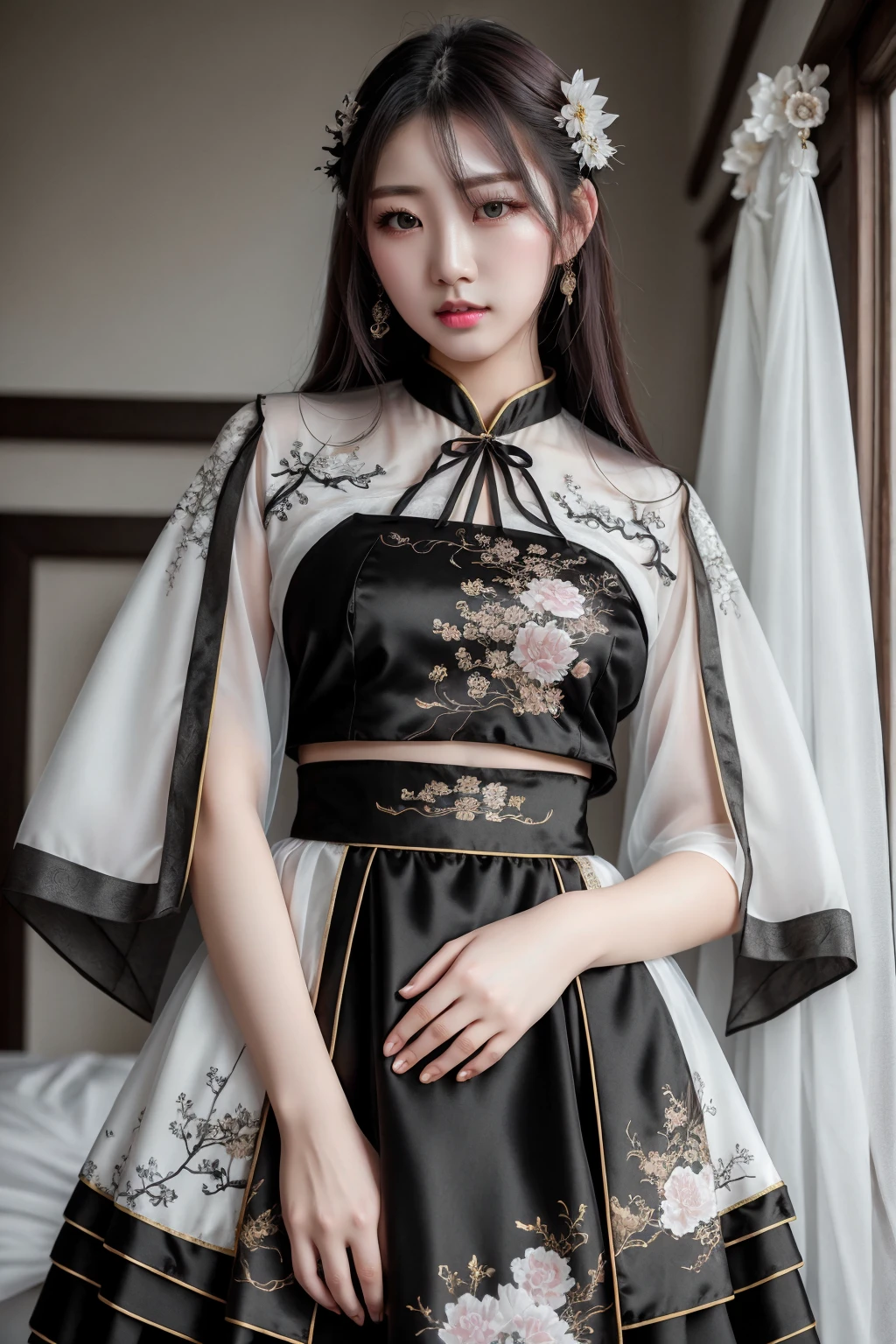 ((best quality)), absurdres, ((ultra high res)), 1girl, perfect face, beautiful face, chinese clothes, black_white dress, short hanfu, cowboy shot, indoors, <lora:hanfuu:0.7>