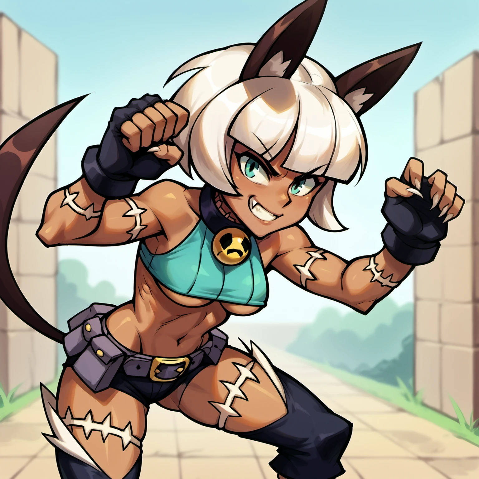 (LZG:1.0), miss-fortune, ACTION POSE, FIGHT, 1girl, solo, crop top, underboob, animal ears, tail, scar, bell, short hair, dark skin, white hair, dark-skinned female, smile, bob cut, medium breasts, shorts, looking at viewer, smirk, fang, gloves, outdoors <lora:Miss-robo-Fortune:0.45> 
 <lora:Skullgirl_(PDXL-LoCon):1>, score_9, score_8_up, score_7_up, score_6_up, score_5_up, score_4_up