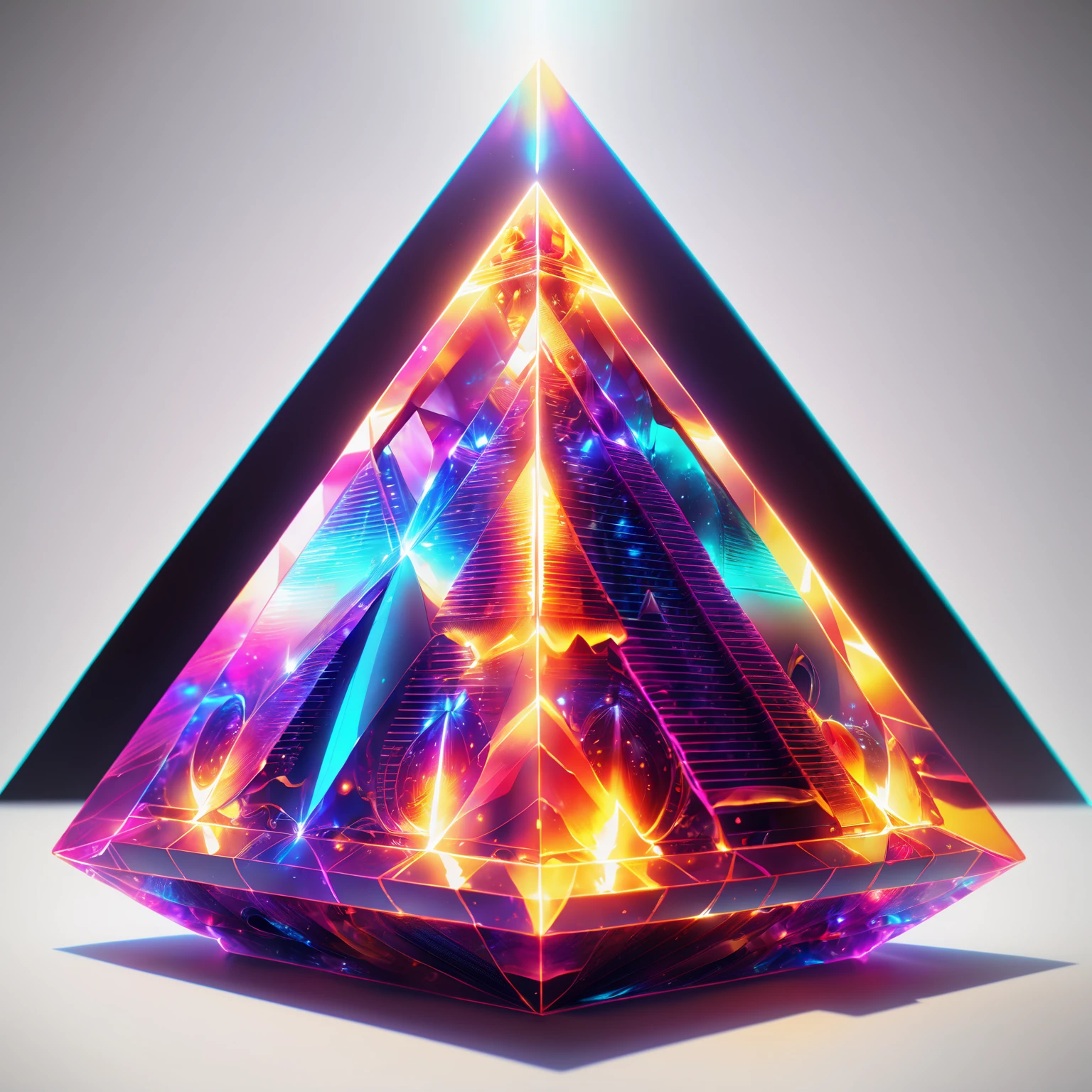 <lora:aiai-DiscoFire-XL1-v1-captions:0.75> aiai-DiscoFire style synthwave style translucent pyramid shape, laser precision, haze, film grain, in the style of 90s geometric posters, internal illumination, hyperrealism, high quality, 8K Ultra HD, masterpiece, best quality