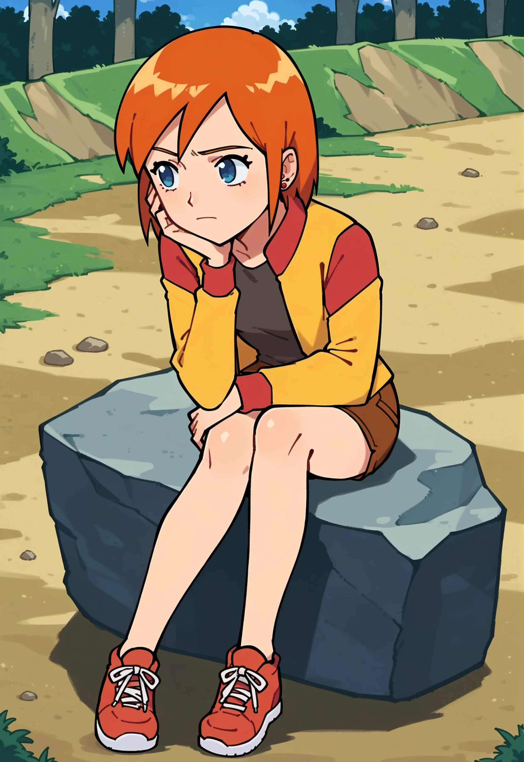 score_9, score_8_up, score_7_up, score_6_up,
BREAK
lunaMWS, 1girl, full body, blue eyes, orange hair, short hair, swept bangs, small breast, looking to the side, closed mouth, red earrings, sitting, on rock, hands on own face, leaning forward, bored, from above
BREAK
yellow jacket, long sleeves, black shirt, closed jacket, brown skirt, pencil skirt, red sneakers
BREAK
wide shot, outdoors, blue sky, cloud, forest, tree rock,  <lora:Luna_PlanetSurvival:1>