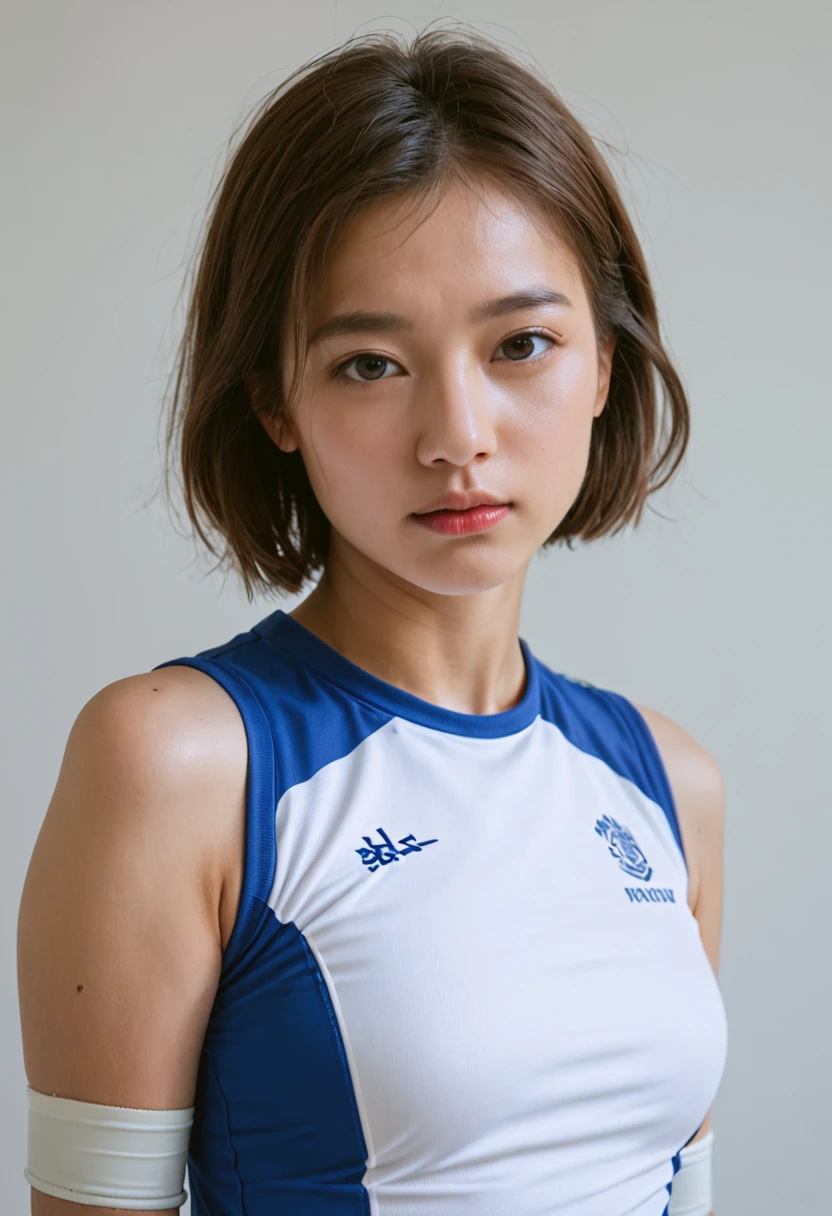 score_9,score_8_up,score_7_up,score_6_up BREAK source_real,raw,photo,realistic BREAK 1girl,solo,breasts,short hair,Korean,brown hair,shirt,upper body,sleeveless,lips,sportswear,realistic,elbow pads,red volleyball uniform,jersey,