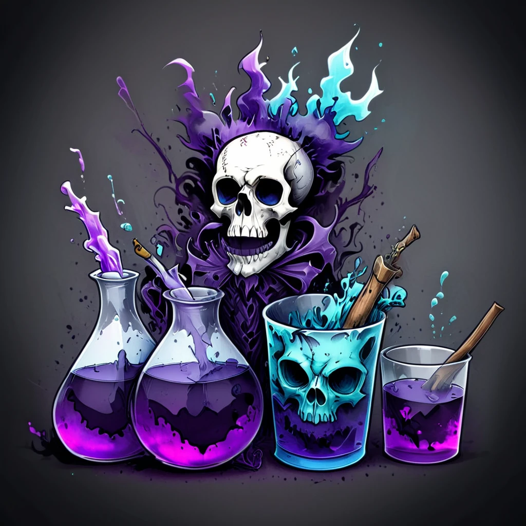 illustration, masterpiece, detailed, absurd resolution, white background, black linework, tuquiose and dark purple colored watercolor, poison, skull and crossbones, beaker of poison, icon, 2d, flat, vector, cell shaded, in the style of world of warcraft icons,  <lora:artfullyICONIC3_SDXL_V1:1>