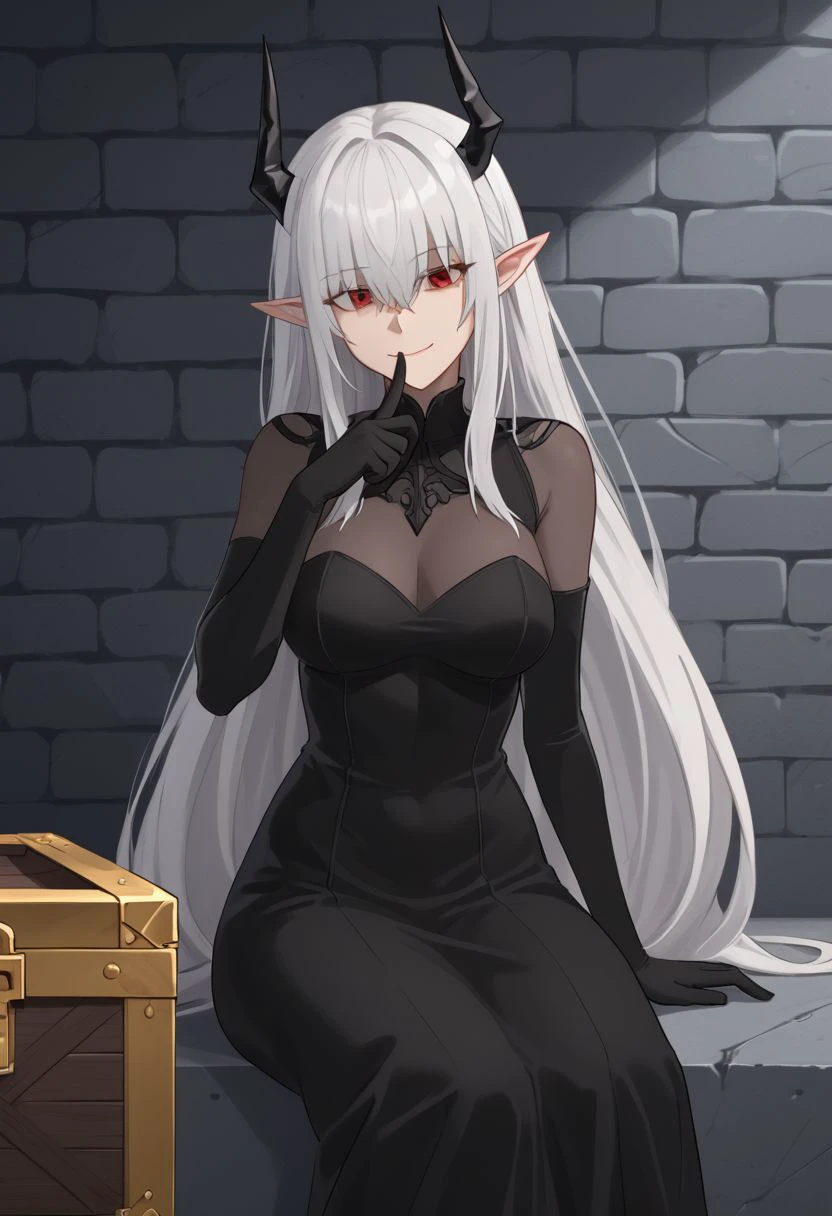 1girl, absurdres, solo, Sarkaz_Dancer, white hair, long hair, horns, pointy ears, red eyes, hair over eyes, eyes visible through hair, asymmetrical skirt, black dress, black gloves, elbow gloves, bodystocking, see-through cleavage, dungeon, sitting, smile, index finger raised, finger to mouth, naughty face, teasing, treasure chest