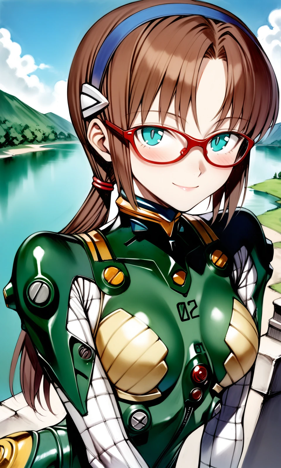 solo, 1girl, maritest, aqua eyes, hairband, brown hair, red-framed eyewear, plugsuit, bracer, quilted bodysuit, 
looking at viewer, light smile, 
outdoors, lake, portrait, 
masterpiece, absurdres, by nyatabe, by (mogudan:0.5), 
<lora:MariTestSuit_XL:1><lora:Nyatabe_XL:0.65> <lora:Fixhands_anime_bdsqlsz_V1:1>