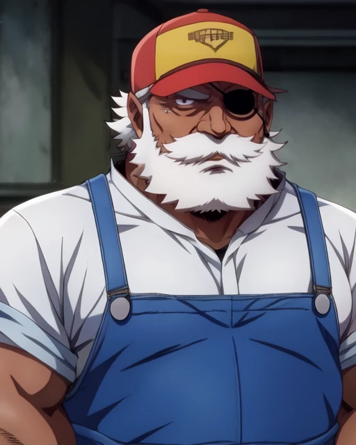 <lora:Ginjirou-10:1> ginjirou, facial hair, male focus, old man, mustache, eyepatch, dark skin, baseball cap, blue overalls, looking at viewer, human, (best quality:1.3), (anime:1.2),(anime screencap:1.2)