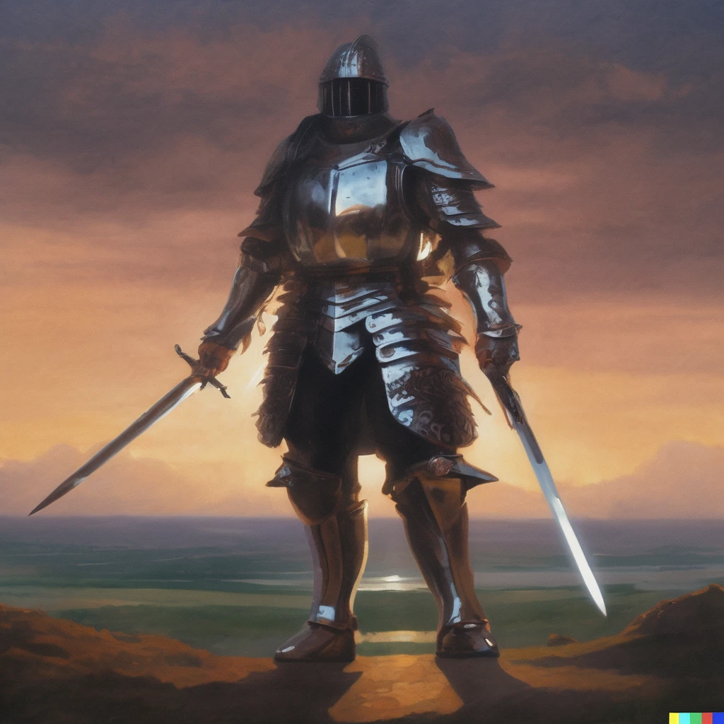 a oil painting of a man with a higly reflective armor at greenfield with a sword, a oil painting of a man with a higly reflective armor at greenfield with a sword, dramatic light, decorative background, bright colors, highly detailed, cinematic, mystical, professional, artistic, sharp focus, sincere, extremely fine detail, intricate, innocent, expressive, beautiful, symmetry, enhanced, vibrant, colorful, coherent, color, pretty, attractive, iconic, epic