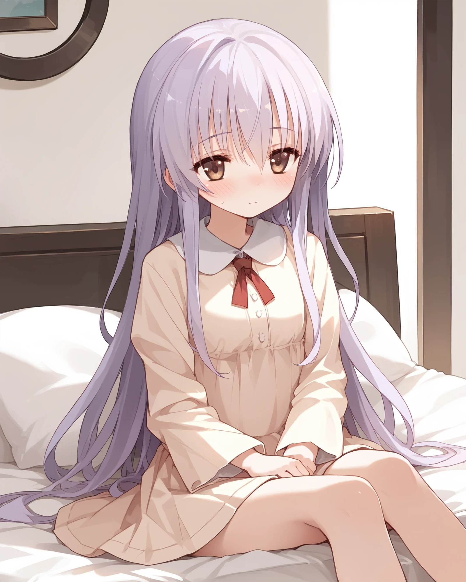 (score_9,score_8_up,score_7_up,score_6_up),masterpiece,ultrahigh_details,best_quality,on bed,mayuki,solo,1girl,lilac_hair,very_long_hair,brown eyes,full-face blush,<lora:MayukiXL:0.9>,long_skirt,bare legs,