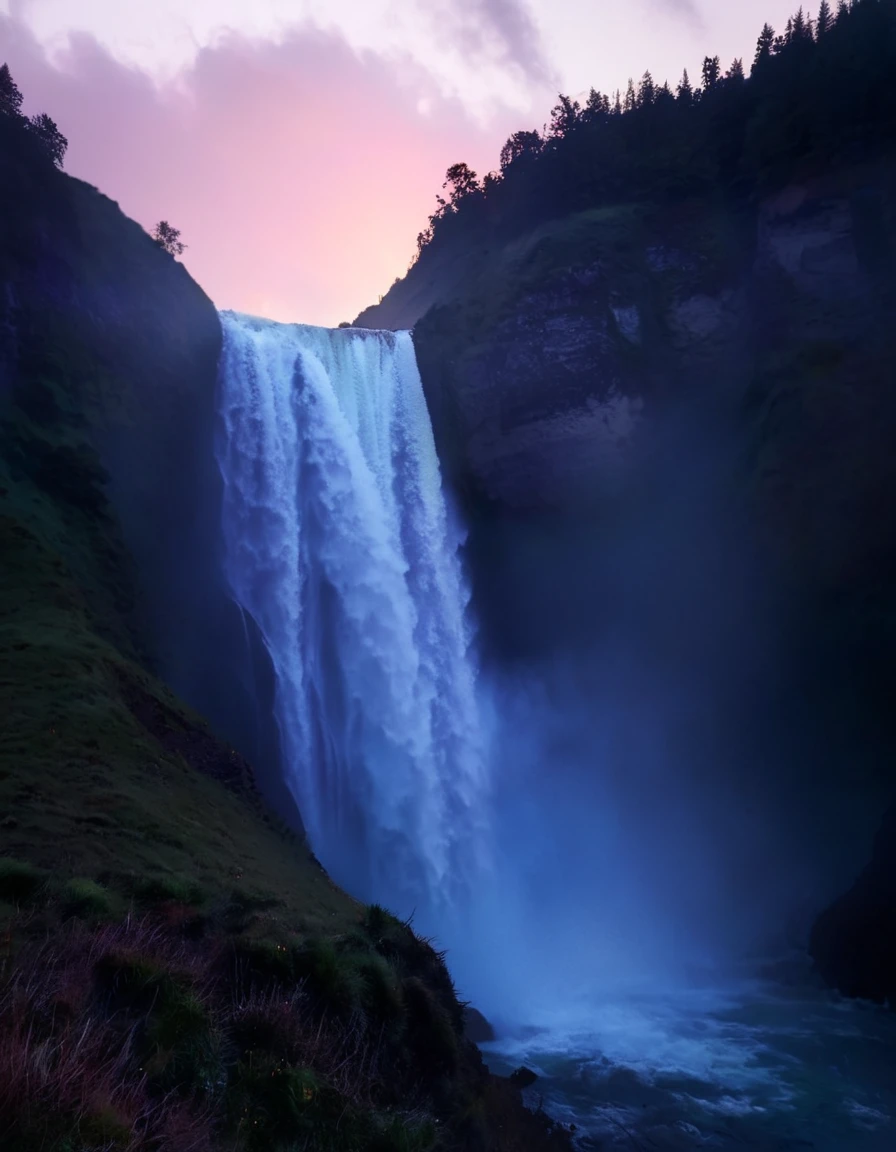 a waterfall at sunrise, dreamy analog style