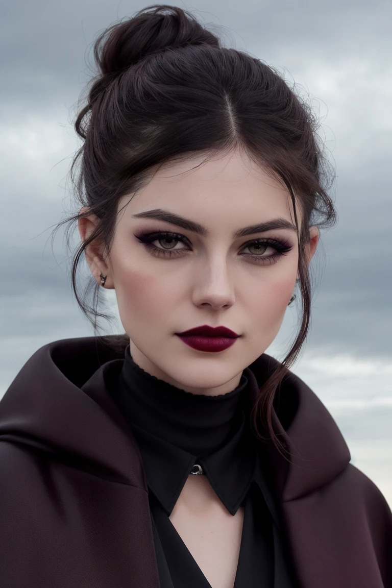 monbarb:0.99,((detailed eyes, detailed face):1.2), ((red lipstick, blush)), , photo of a woman, ((outdoors, military cape, military uniform, military medals)), serious, ((military parade, cloudy, overcast, fancy updo, dark red hair, hair up, hair in bun)), ((dark lipstick, heavy eye shadow, heavy eyeliner, goth makeup, pale skin)), (closeup, portrait)