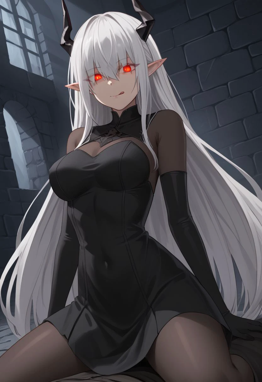 1girl, absurdres, solo, Sarkaz_Dancer, white hair, long hair, horns, pointy ears, red eyes, hair over eyes, eyes visible through hair, asymmetrical skirt, black dress, black gloves, elbow gloves, bodystocking, see-through cleavage, dungeon, girl on top, glowing eyes, tongue out, licking lips, assertive female