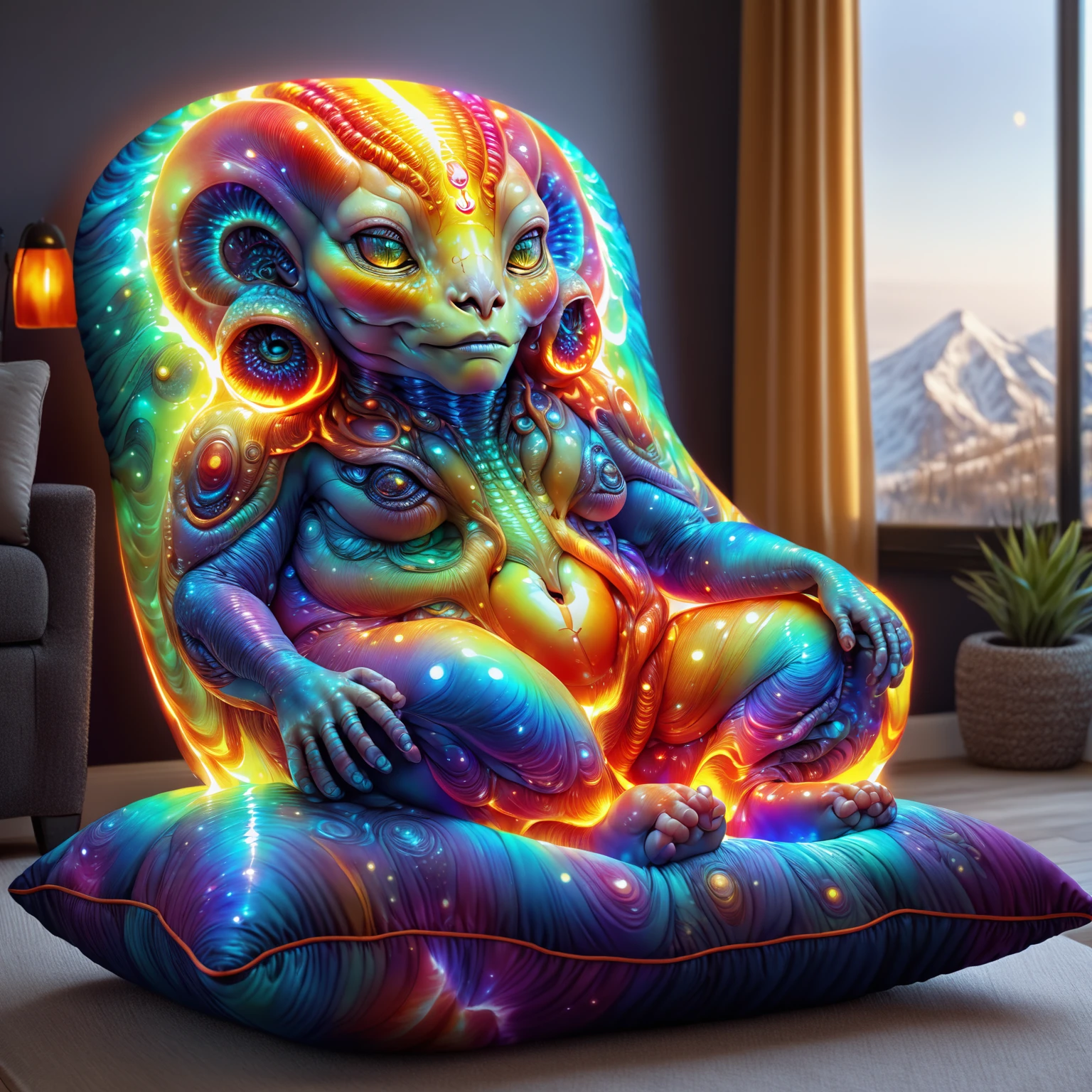 <lora:aiai-DiscoFire-XL1-v1-captions:0.75> aiai-DiscoFire style style psychedelic chubby alien creature with thick fur sitting on a velvet pillow, vibrant gradient colors, inspired by alex grey and national geographic, high quality, 8K Ultra HD, masterpeice, best quality