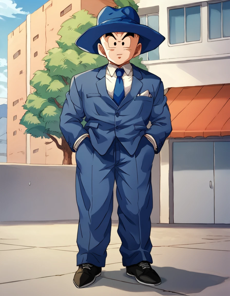 score_9, score_8_up, score_7_up, source_anime, 
krillinxl, 1boy, standing,outdoors, solo, full body, necktie, pants, black footwear, formal, suit, blue headwear, blue necktie, hands in pockets, blue pants
 <lora:krillinxl:0.9>