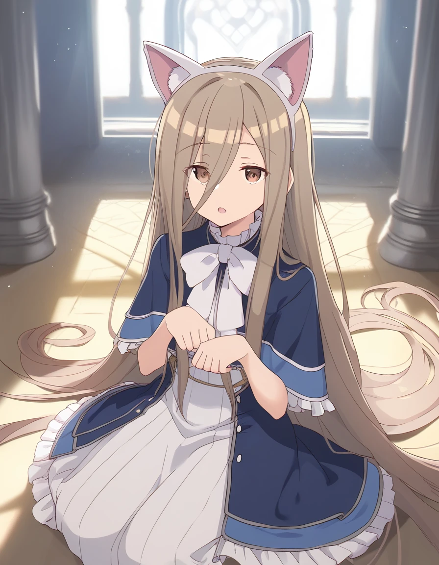 score_9, score_8_up, score_7_up,score_6_up,score_5_up,score_4_up, 1girl sitting on the floor, paw pose, open mouth, fake cat ears, castle, sunlight, windiw
, <lora:zlixon_style_pony6_v3:1>, <lora:sense_sousou no frieren_PONY_last:0.6> sense \(sousou no frieren\),brown eyes,very long hair,absurdly long hair,hair between eyes,eyes visible through hair, blue capelet,frilled dress,white long dress