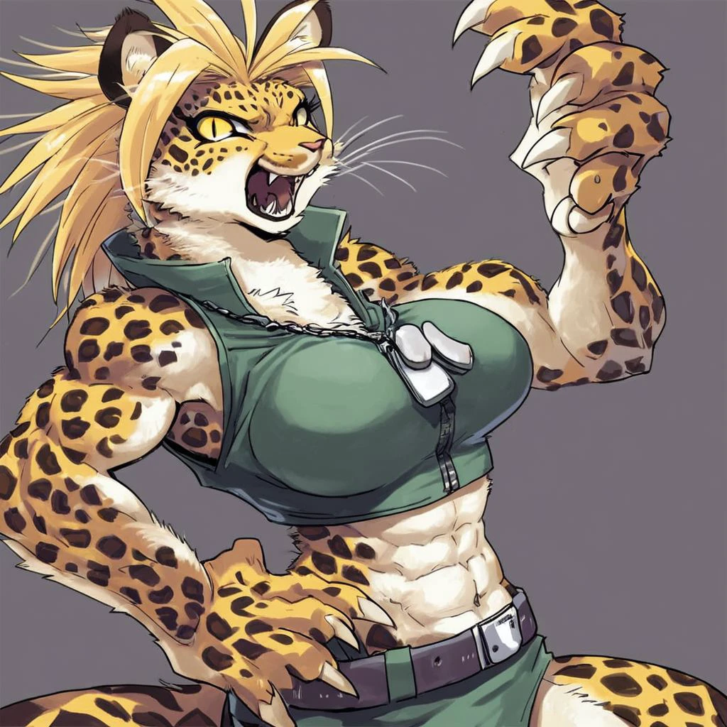 score_9,leopard_bloody_roar,
leopard_bloody_roar, shina the marvel, shina gado, furry, solo, 1girl, hand on hip, animal ears, fangs, breasts, grey background, furry female, open mouth, belt, looking at viewer, body fur, tail, whiskers, upper body, simple background, claws, muscular, yellow eyes, vest, navel, animal nose, dog tags, slit pupils, large breasts, zipper, leopard ears, midriff, jewelry, snout, blonde hair, teeth, sleeveless, necklace, abs, crop tope