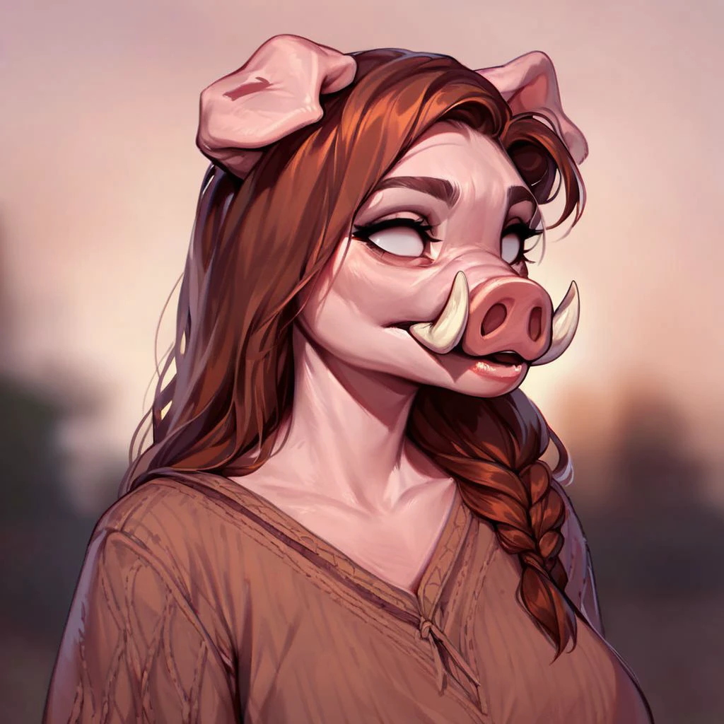 (((beautiful, high quality))), upper Body, score_9, score_8_up, score_7_up, 
Pidgin, furry pig, fangs, empty eyes, 1girl, brown hair, brown top, 
looking at the viewer, posing, blurred background,