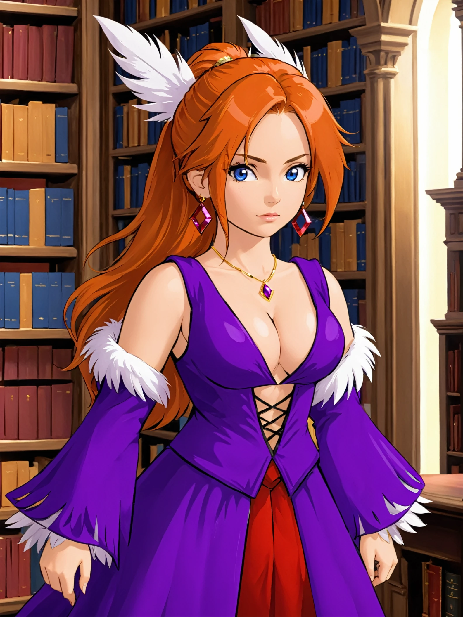 masterpiece, best quality,
 <lora:natalie.sdxl.v1.1:0.55>
natalie, purpledress outfit, purple dress, detached sleeves, center opening,v-neck, feathers, navel
ponytail, serious,
ginger,red earrings, 
[blue eyes:0.2]
magic academy, library, books, magic,