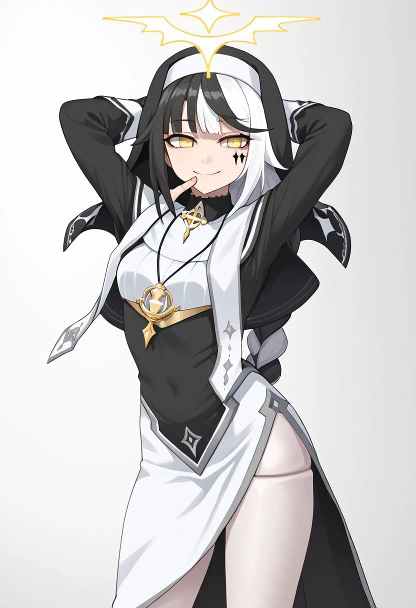 1girl, absurdres, solo, long hair, black hair, streaked hair, two-tone hair, yellow eyes, braid, white hair, multicolored hair, facial mark, braided ponytail, veil, nun, habit, black capelet, asymmetrical gloves, mismatched gloves, white pantyhose, cammystretch, stretching, arms up, doll joints, smile, index finger raised, finger to mouth, shushing, naughty face, half-closed eyes, head tilt