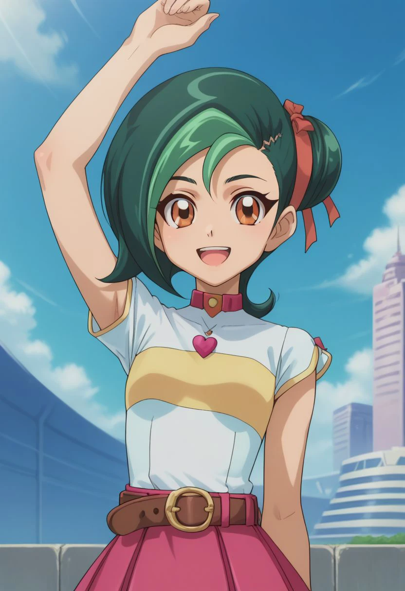 score_9, score_8_up, score_7_up, source_anime, highly detailed, 
tori, 1girl, green hair, solo, hair bun, belt, skirt, multicolored hair, two-tone hair,
open mouth, brown eyes, single hair bun, ribbon, hair ribbon, arm up, smile, :d
outdoor, sky,