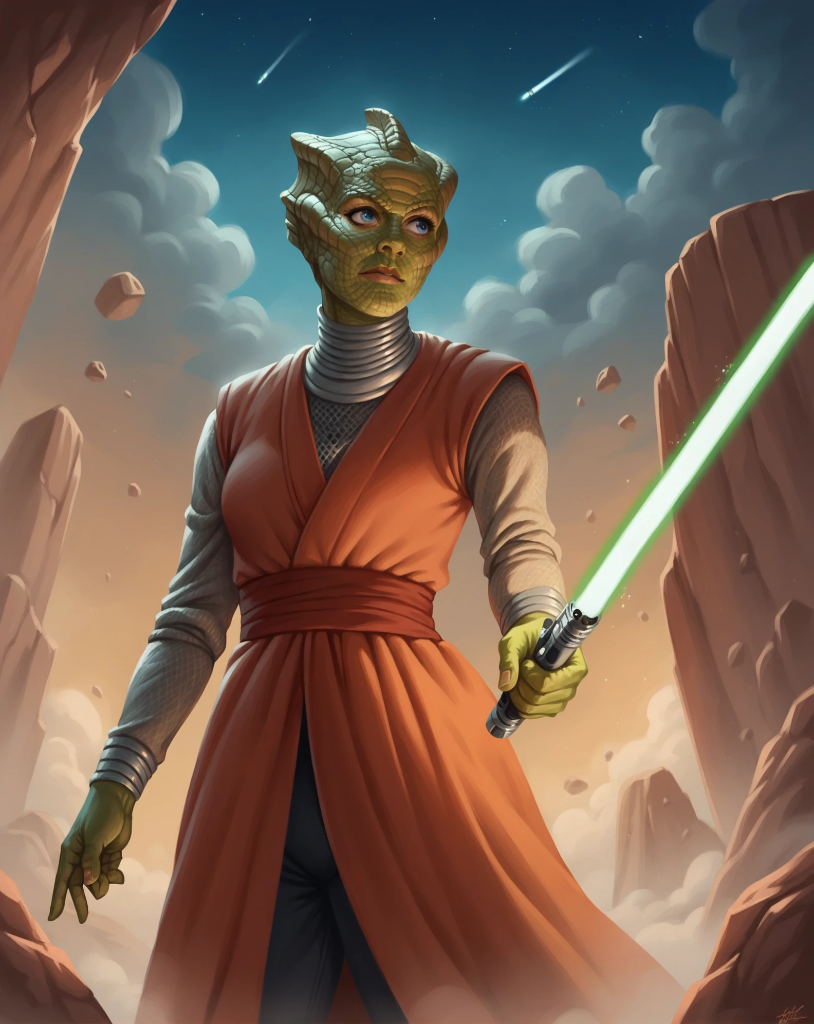 <lora:VastraJenny:0.7> vastra, female, jedi, green lightsaber, floating rocks, sparks, 2d, digital painting, masterpiece, hyper tetailed, rocky terrain background, solo, standing, jedi pose, looking at the viewer, seen from below, night, volumetric lights, blue eyes, looking to the lightsaber, score_9, score_8_up, score_7_up, score_6_up, score_5_up, score_4_up