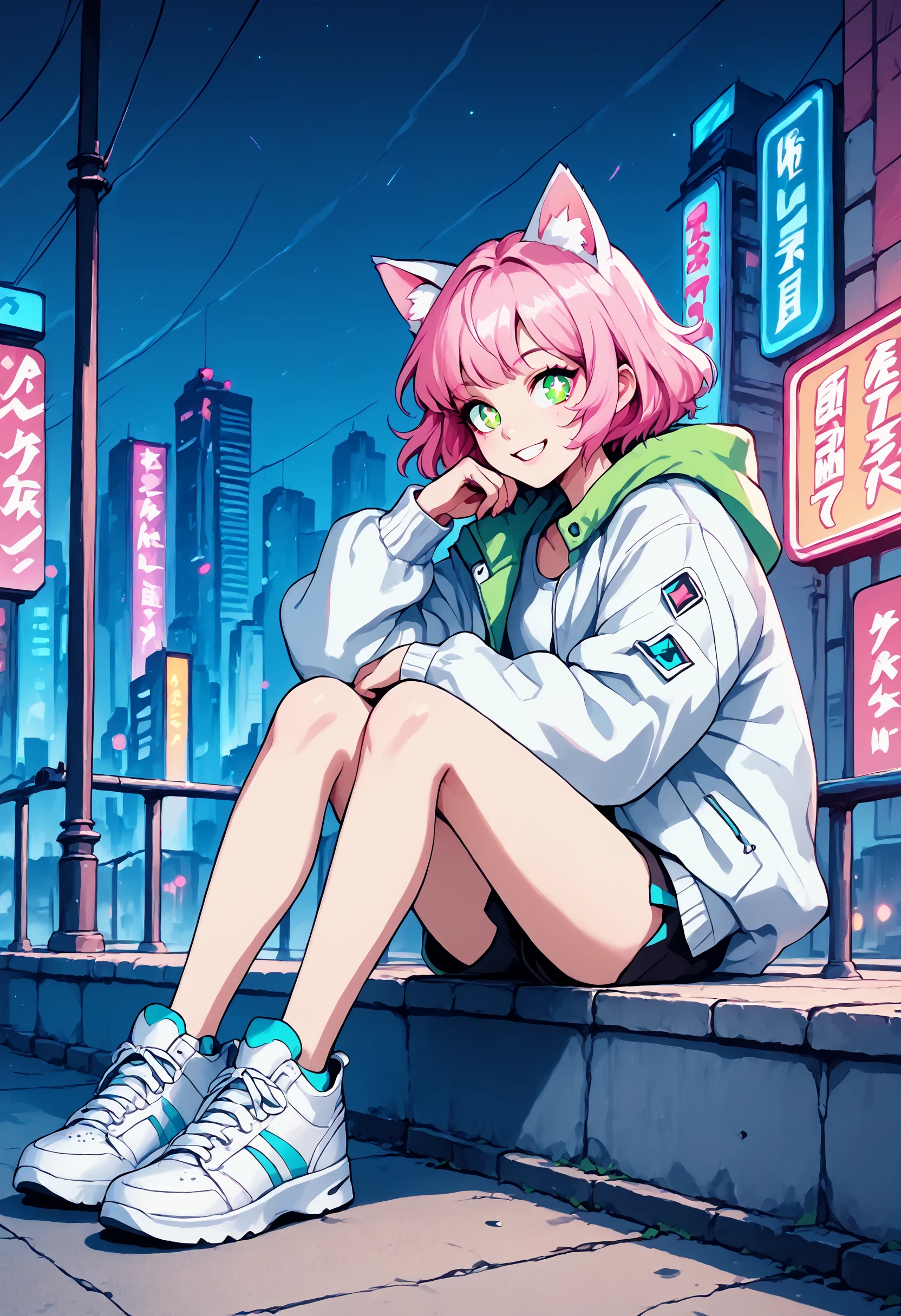 1girl, city, animal ears, cat ears, cityscape, shoes, green eyes, diamond pupils, pink hair, long hair, jacket, sitting, city lights, sneakers, smile, night, neon lights, short hair, white footwear, blue hair, outdoors, close up, BREAK PonyXLV6_Scores , <lora:LoFiRemix-PDXL:0.8>