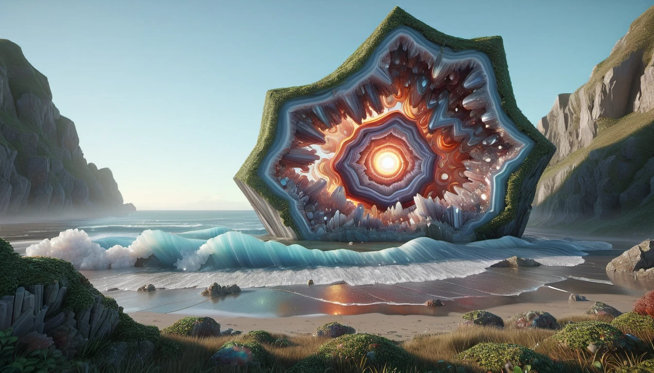 ForgottenGeode, superb Redshift render, hyper detailed, landscape of a Quantum Replication Lab and The Atlantic Ocean, Dynamic and Airy, Cozy, Toyism Art