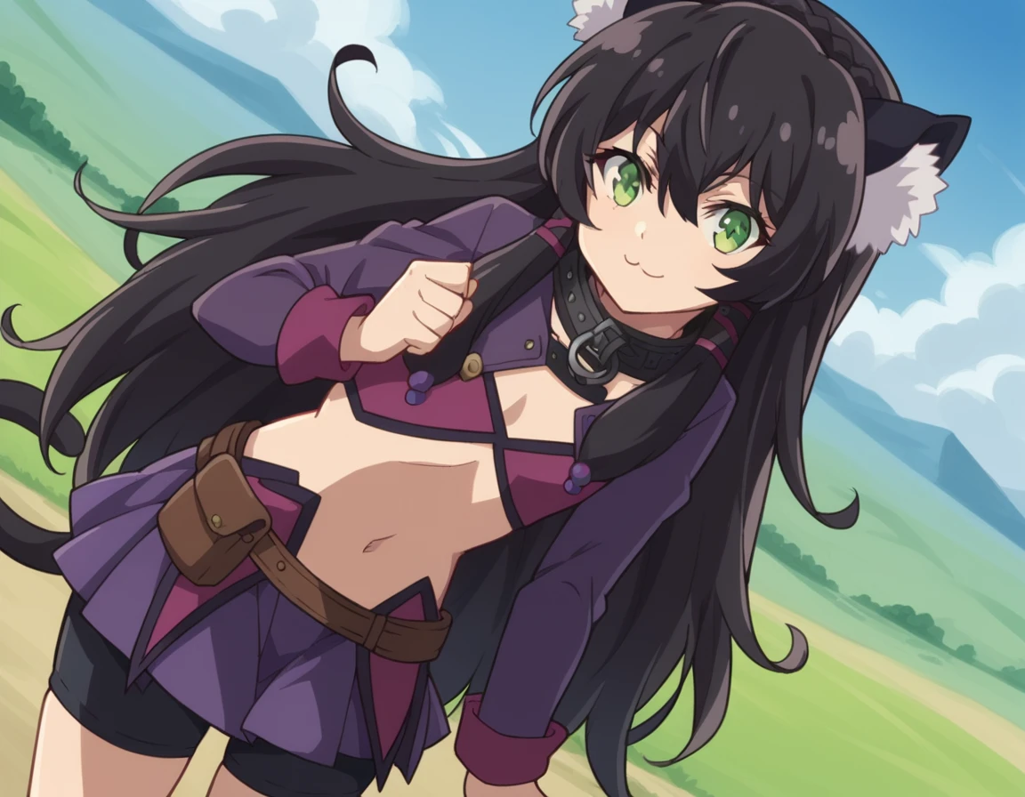 score_9, score_8_up, score_7_up, source_anime,
remgalleu, <lora:rem-galleu-s2-ponyxl-lora-nochekaiser:1>,
rem galleu, long hair, bangs, black hair, animal ears, hair between eyes, very long hair, green eyes, tail, sidelocks, cat ears, cat tail, animal ear fluff,
skirt, long sleeves, navel, pleated skirt, shorts, midriff, belt, miniskirt, stomach, collar, bike shorts, purple skirt, shorts under skirt, belt pouch, bike shorts under skirt,
landscape, bent over, smile,
looking at viewer, cowboy shot, solo, dutch angle